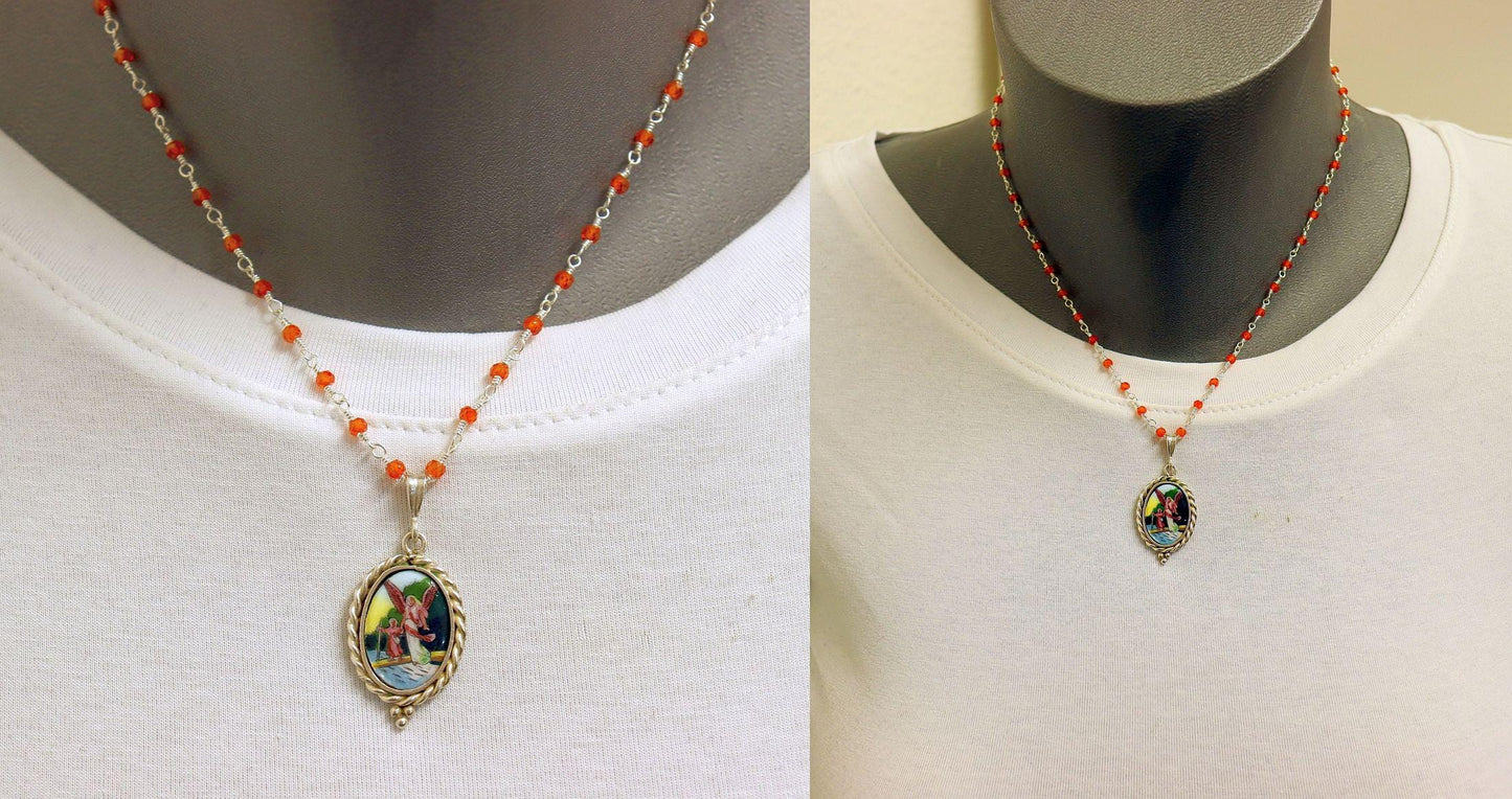 Guardian Angel Medal Hand Painted Miniature Vintage in Hand made Sterling Silver Frame w Faceted Carnelian Rosary Sterling Chain- V.Rare