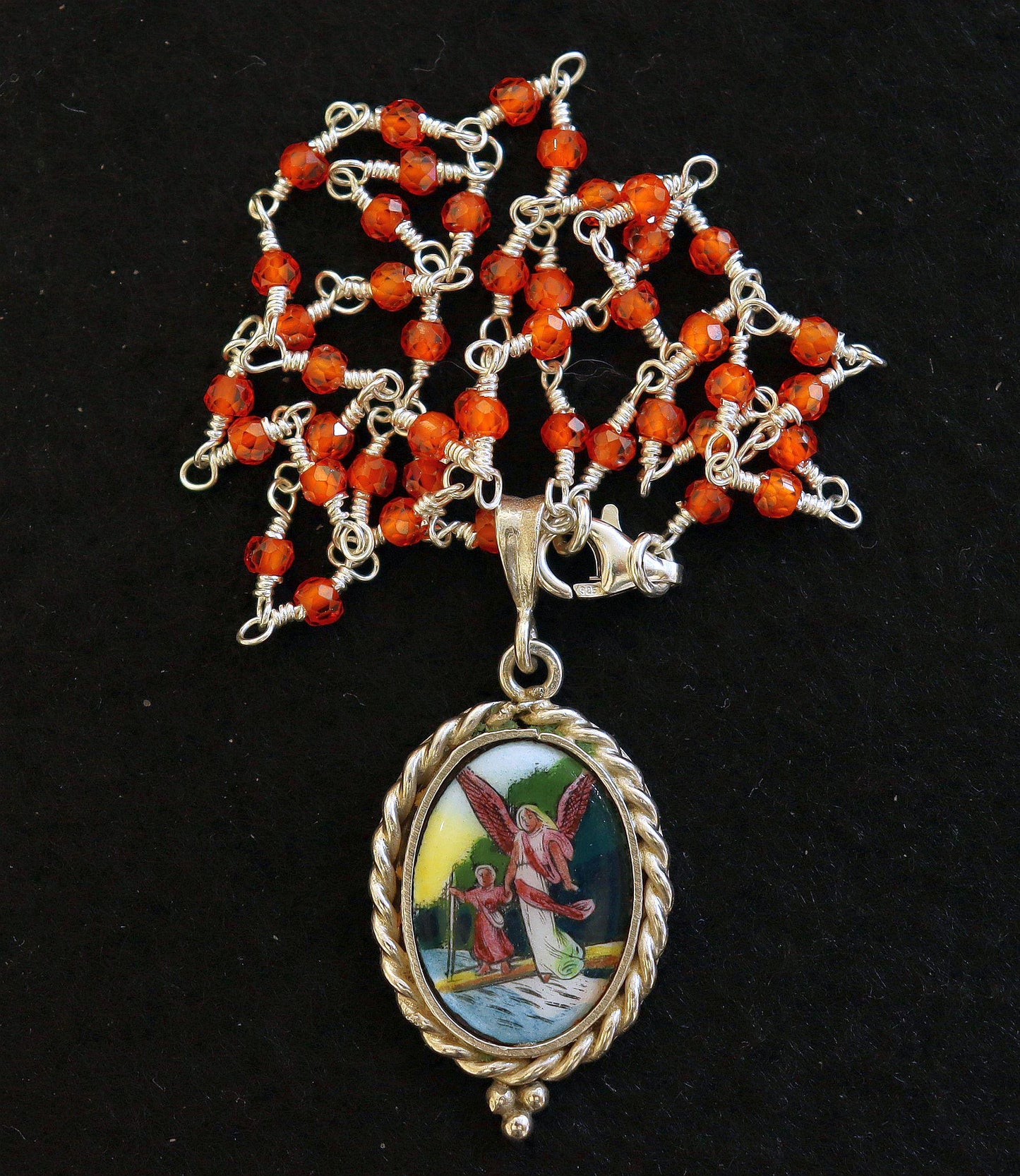 Guardian Angel Medal Hand Painted Miniature Vintage in Hand made Sterling Silver Frame w Faceted Carnelian Rosary Sterling Chain- V.Rare