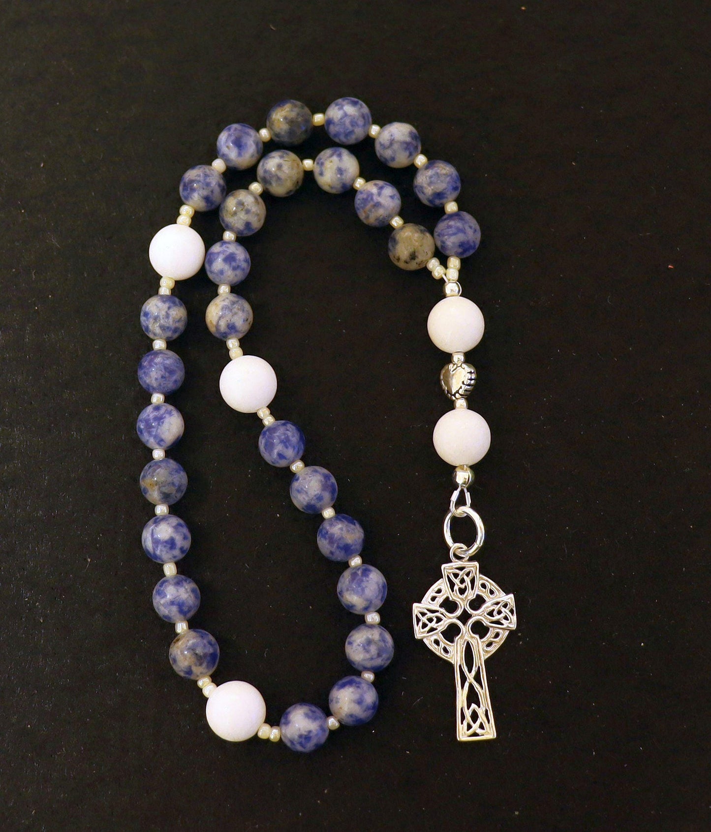 Anglican Episcopal Rosary Prayer Beads : Denim Sodalite, White Coral and Sterling Silver Celtic Cross