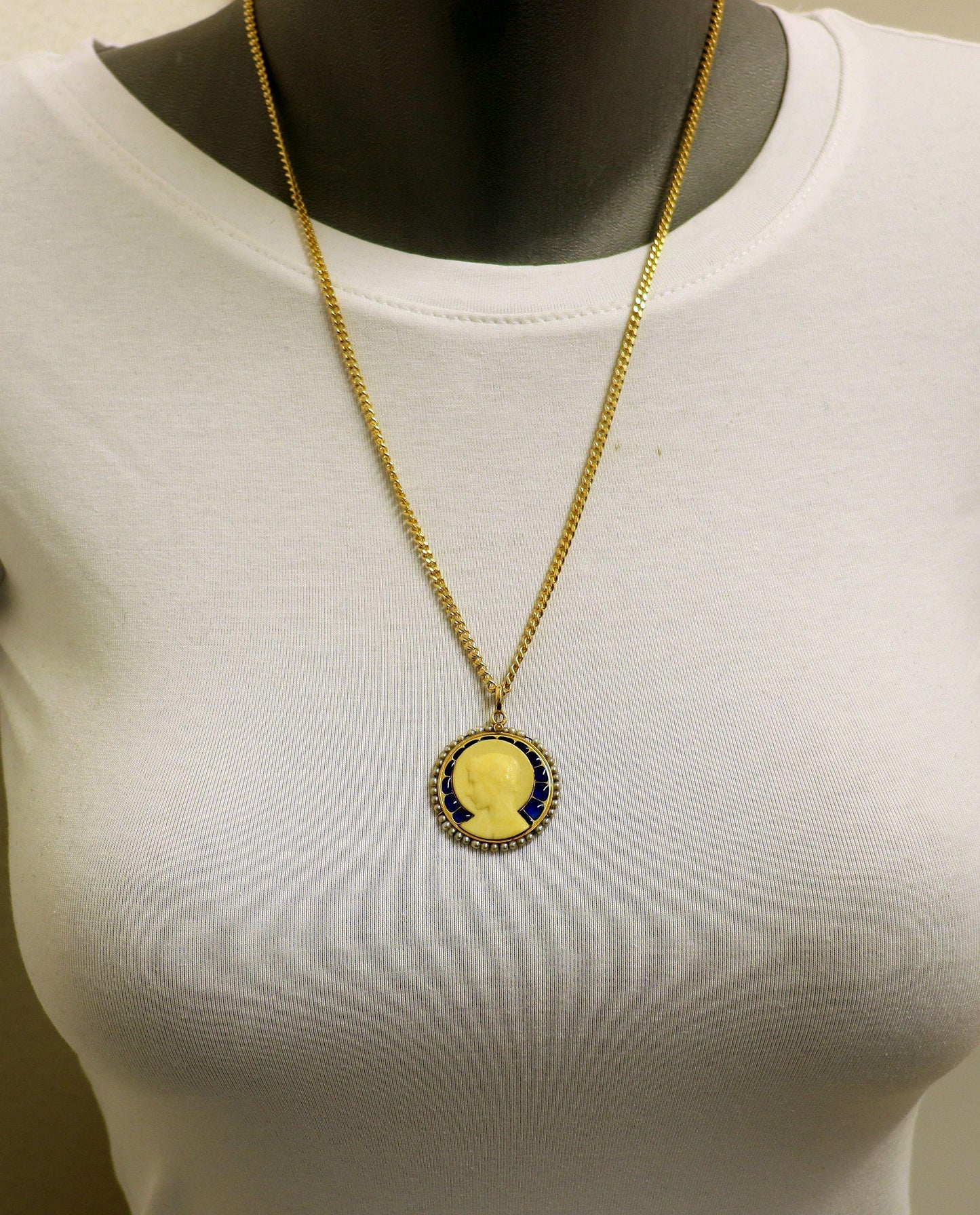 18K Gold Plique-à-Jour Virgin Mary Medal: Antique Dieppe Pearl Pendant