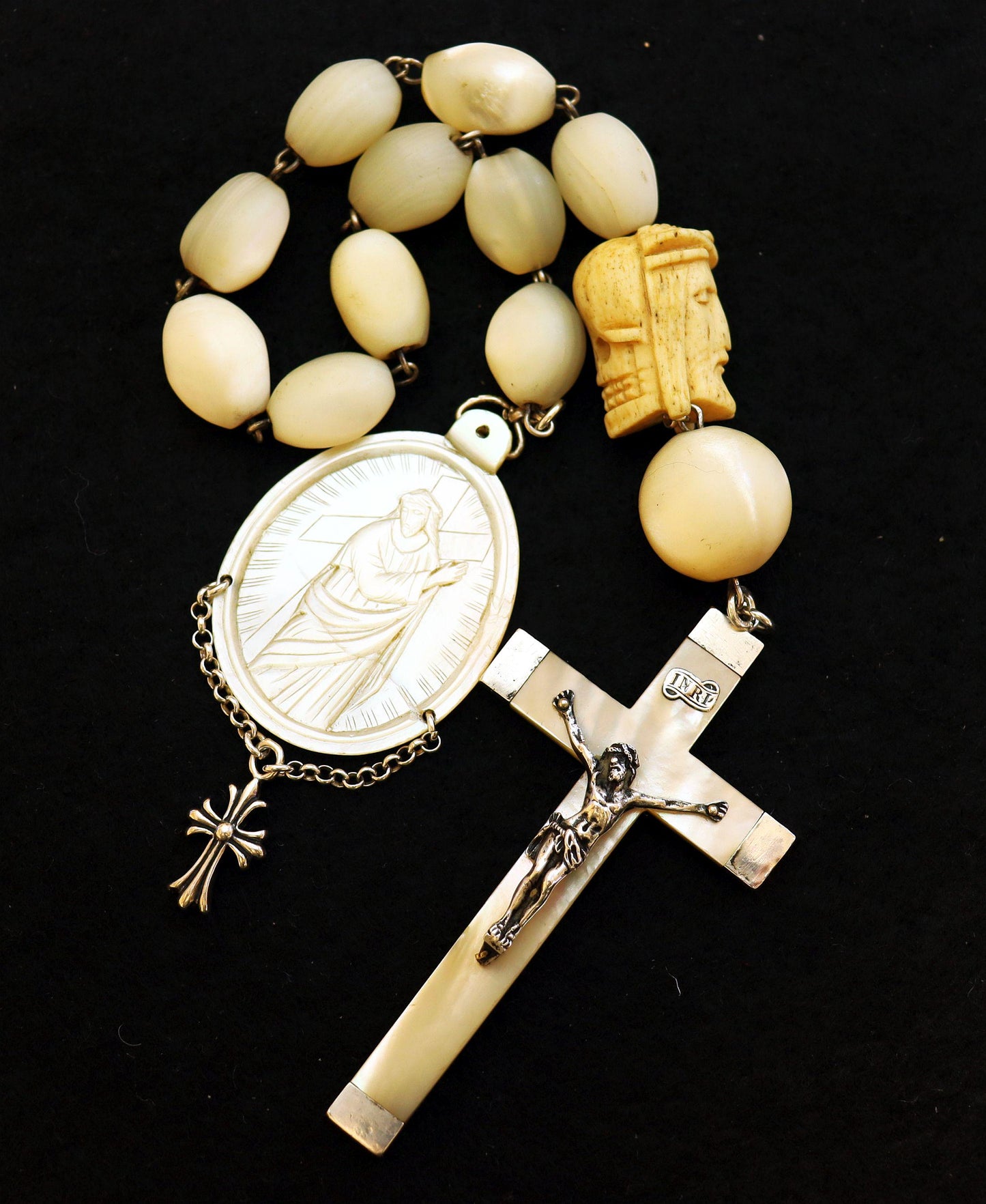Antique Mother of Pearl Chaplet: Sterling Silver Cross, Janus Memento Mori, 1916