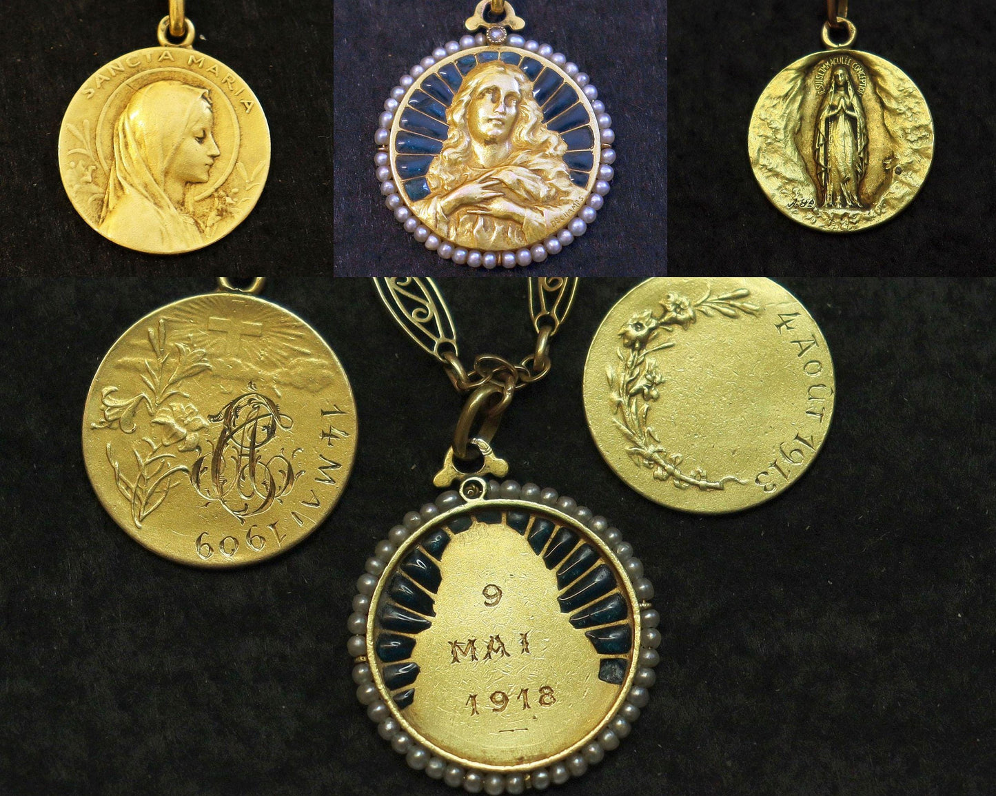 Plique à jour, all 18K. Gold Necklace Exceptional w 3 Medals, dd 1909 Unique and Pristine Antique Jewel