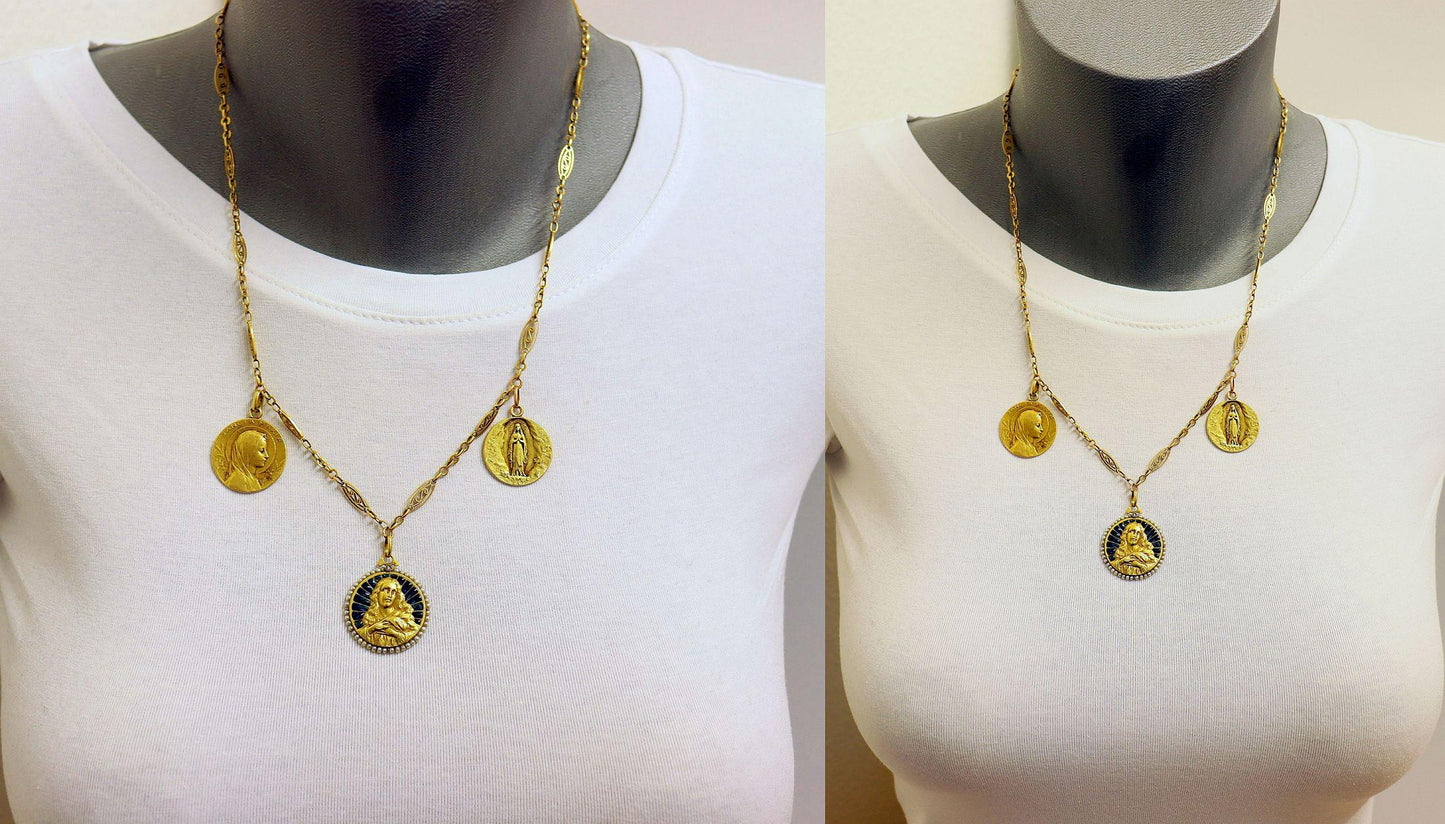 Plique à jour, all 18K. Gold Necklace Exceptional w 3 Medals, dd 1909 Unique and Pristine Antique Jewel