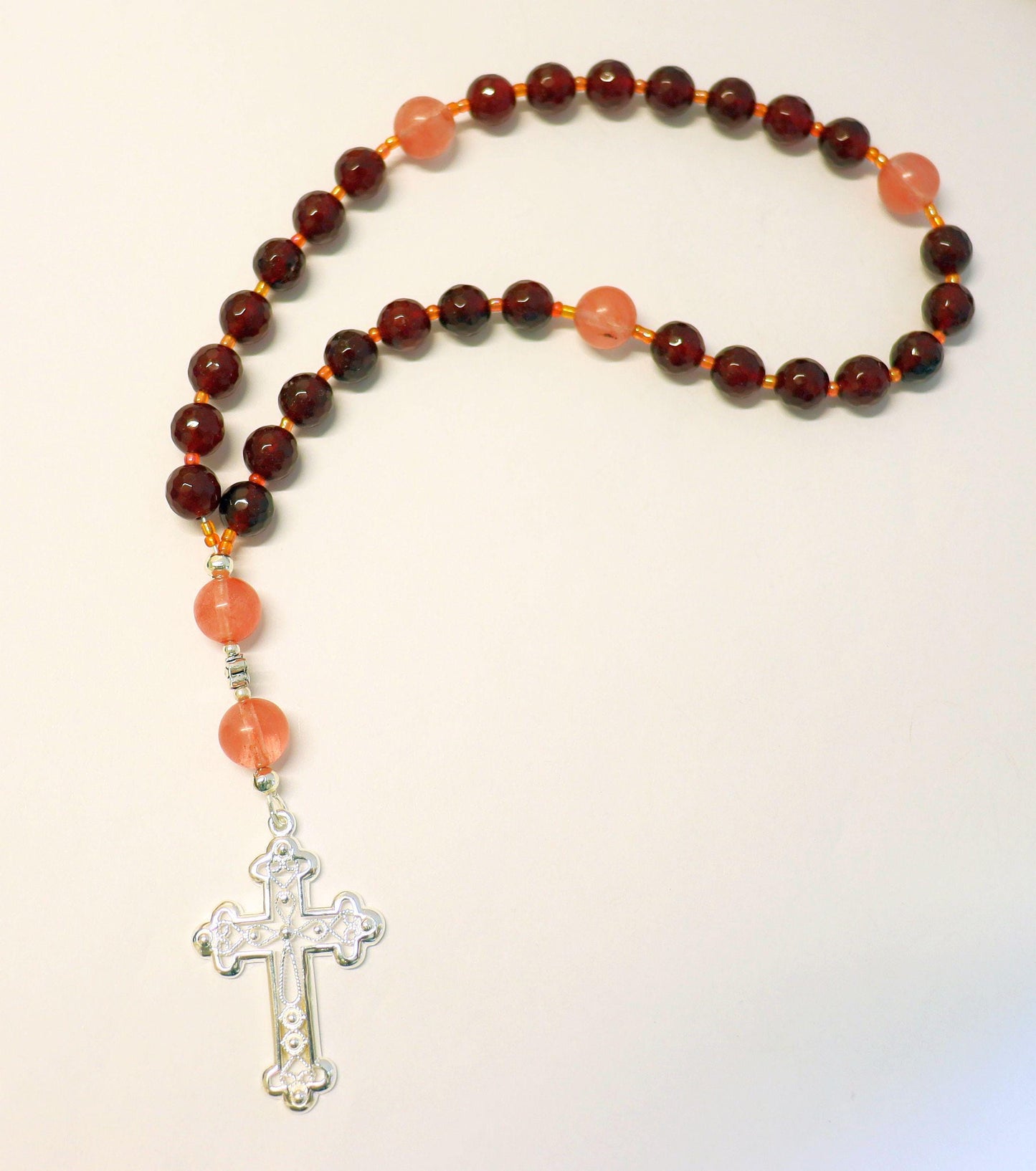 Anglican Episcopal Rosary Prayer Beads :Faceted Garnet, Rose Quartz and Sterling Silver - Filigree Cross