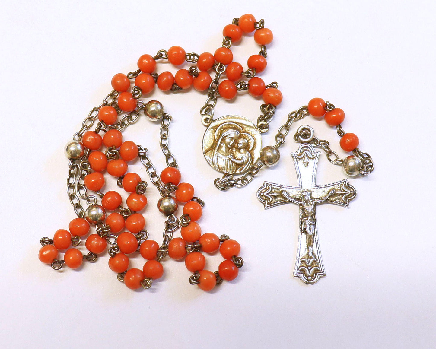 Vintage Sardinian Dark Salmon Coral & Sterling Silver Rosary in Sterling Chatelaine Box - Rare Gift