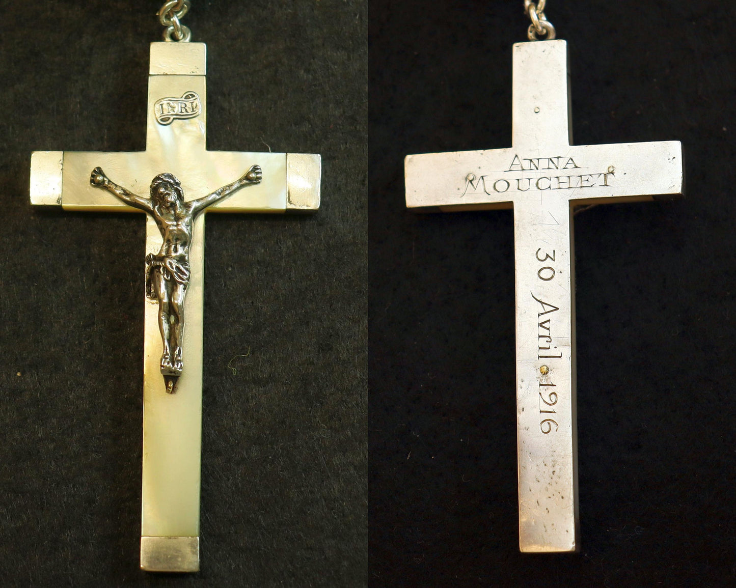 1916 Mother of Pearl and Sterling V. Large Chaplet w Janus Memento Mori & MOP Medal of Extreme Rarity
