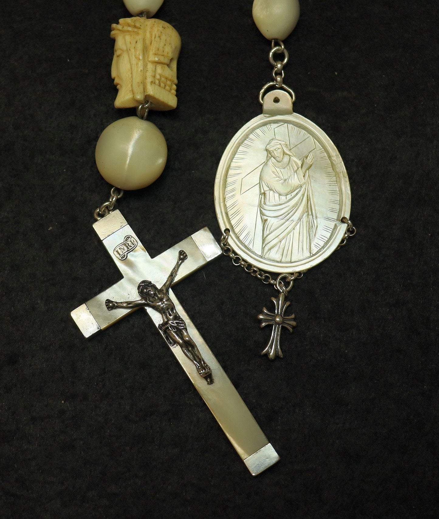 1916 Mother of Pearl and Sterling V. Large Chaplet w Janus Memento Mori & MOP Medal of Extreme Rarity