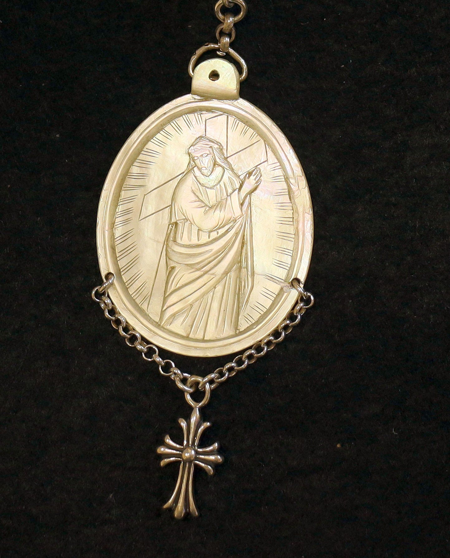 1916 Mother of Pearl and Sterling V. Large Chaplet w Janus Memento Mori & MOP Medal of Extreme Rarity