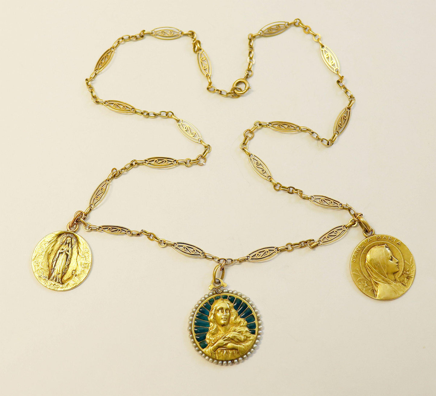 Plique à jour, all 18K. Gold Necklace Exceptional w 3 Medals, dd 1909 Unique and Pristine Antique Jewel