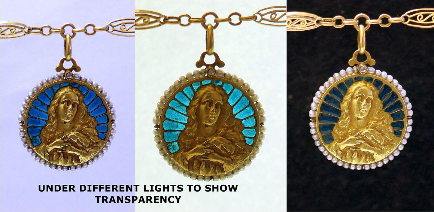 Plique à jour, all 18K. Gold Necklace Exceptional w 3 Medals, dd 1909 Unique and Pristine Antique Jewel