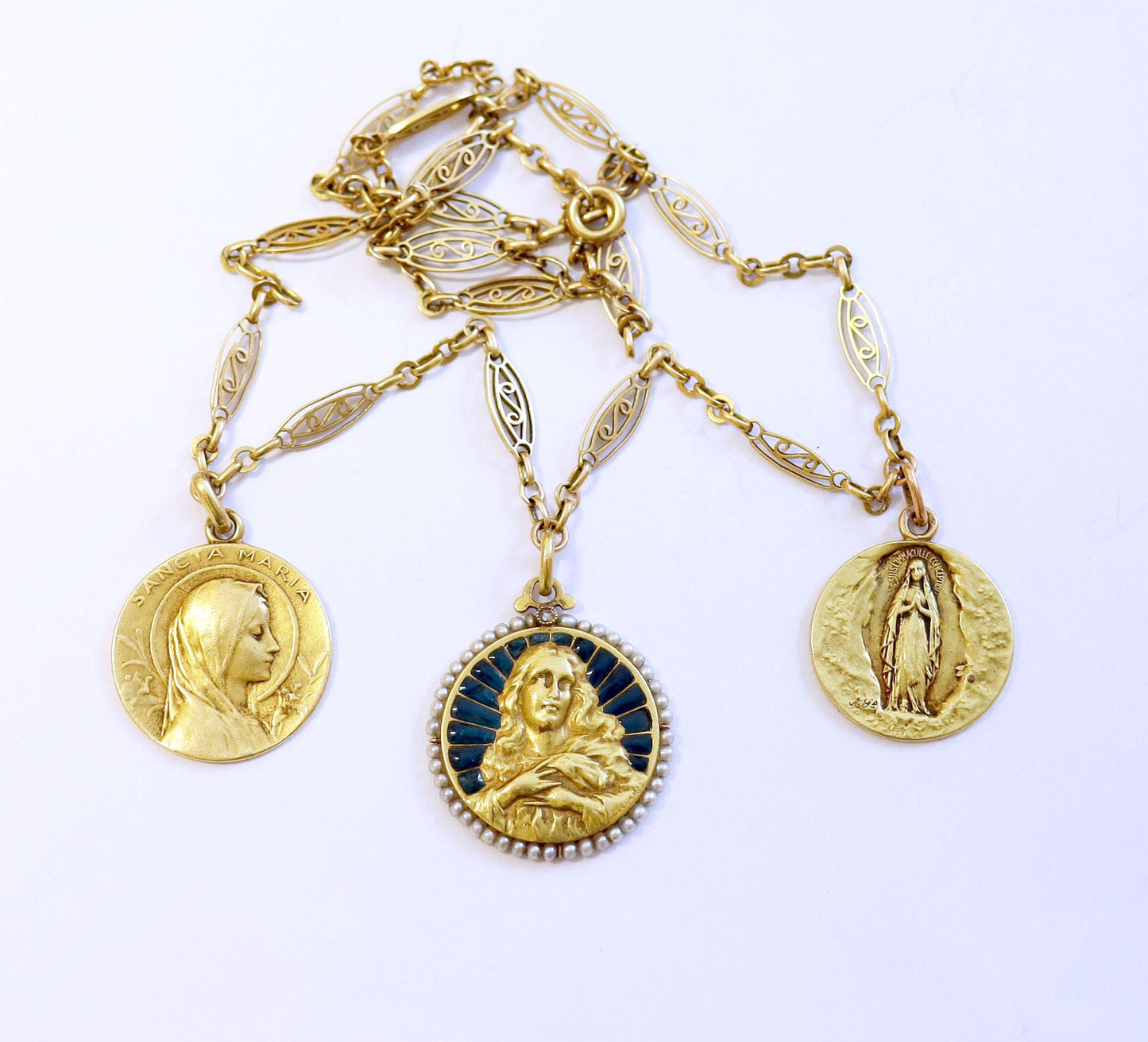 Plique à jour, all 18K. Gold Necklace Exceptional w 3 Medals, dd 1909 Unique and Pristine Antique Jewel