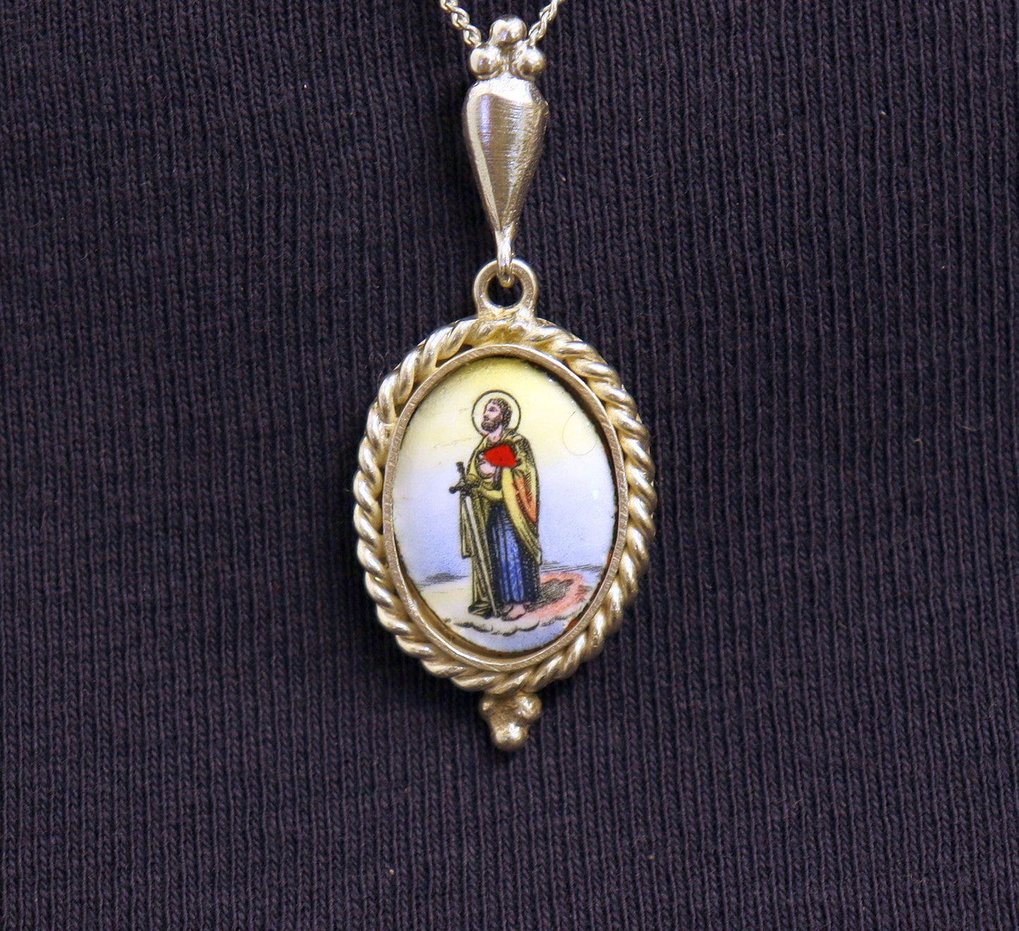 Vintage Enameled Medal Hand Painted Miniature of St. Paul in Hand made Sterling Silver Frame w Sterling Silver Chain- V.Rare