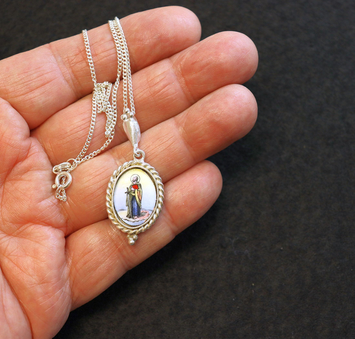 Vintage Enameled Medal Hand Painted Miniature of St. Paul in Hand made Sterling Silver Frame w Sterling Silver Chain- V.Rare