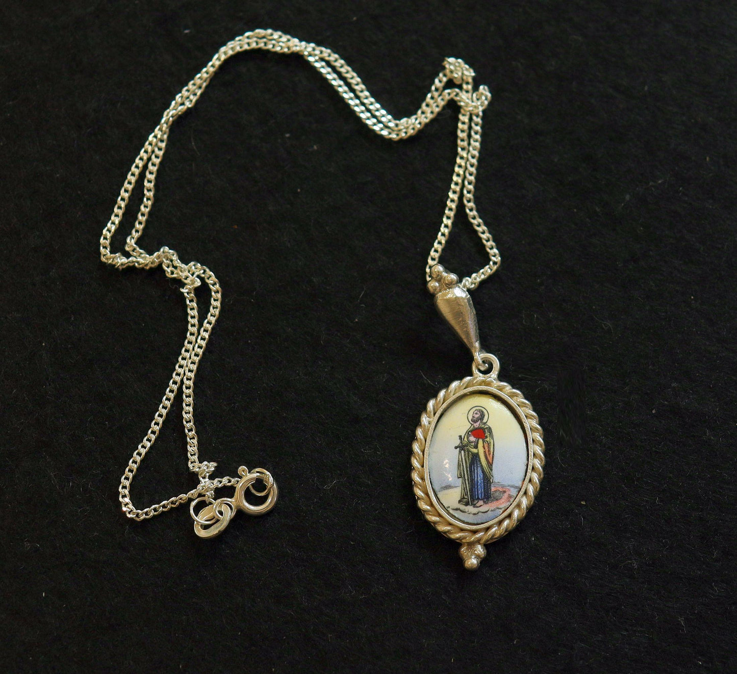 Vintage Enameled Medal Hand Painted Miniature of St. Paul in Hand made Sterling Silver Frame w Sterling Silver Chain- V.Rare