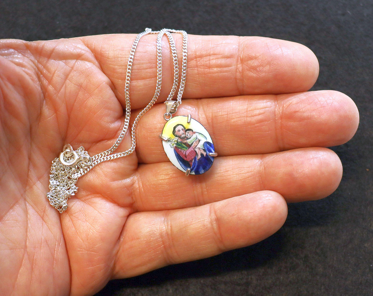 Hand Painted Miniature of St. Joseph Vintage Enameled Medal in Hand made Sterling Silver Frame w Sterling Silver Chain- V.Rare