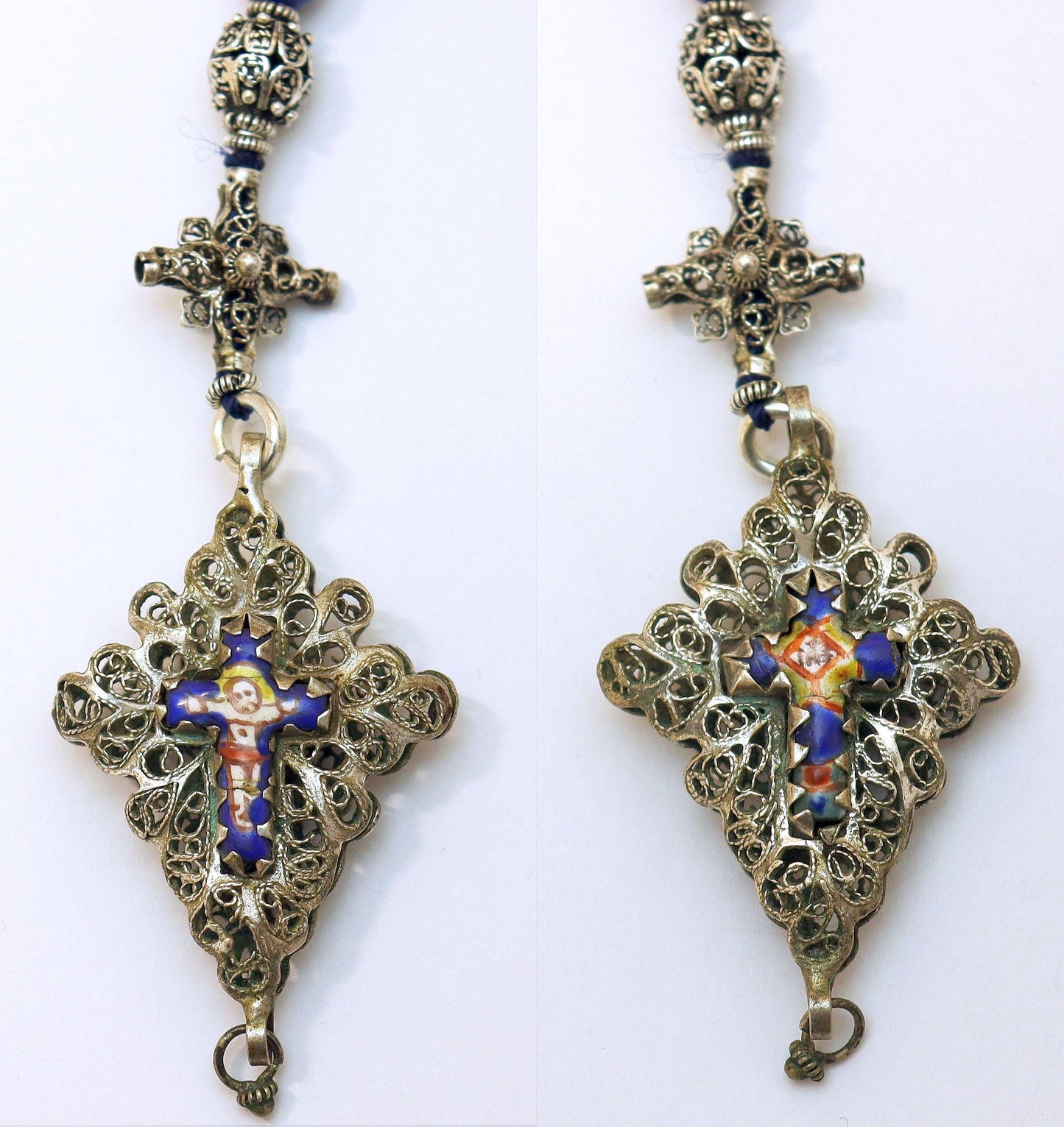 Filigree Catholic Rosary, Vintage Bavarian Biedermeier Lapis, German Style Rosary, Credo and Reliquary Porcelain Inlay Crosses, Prayer Gift