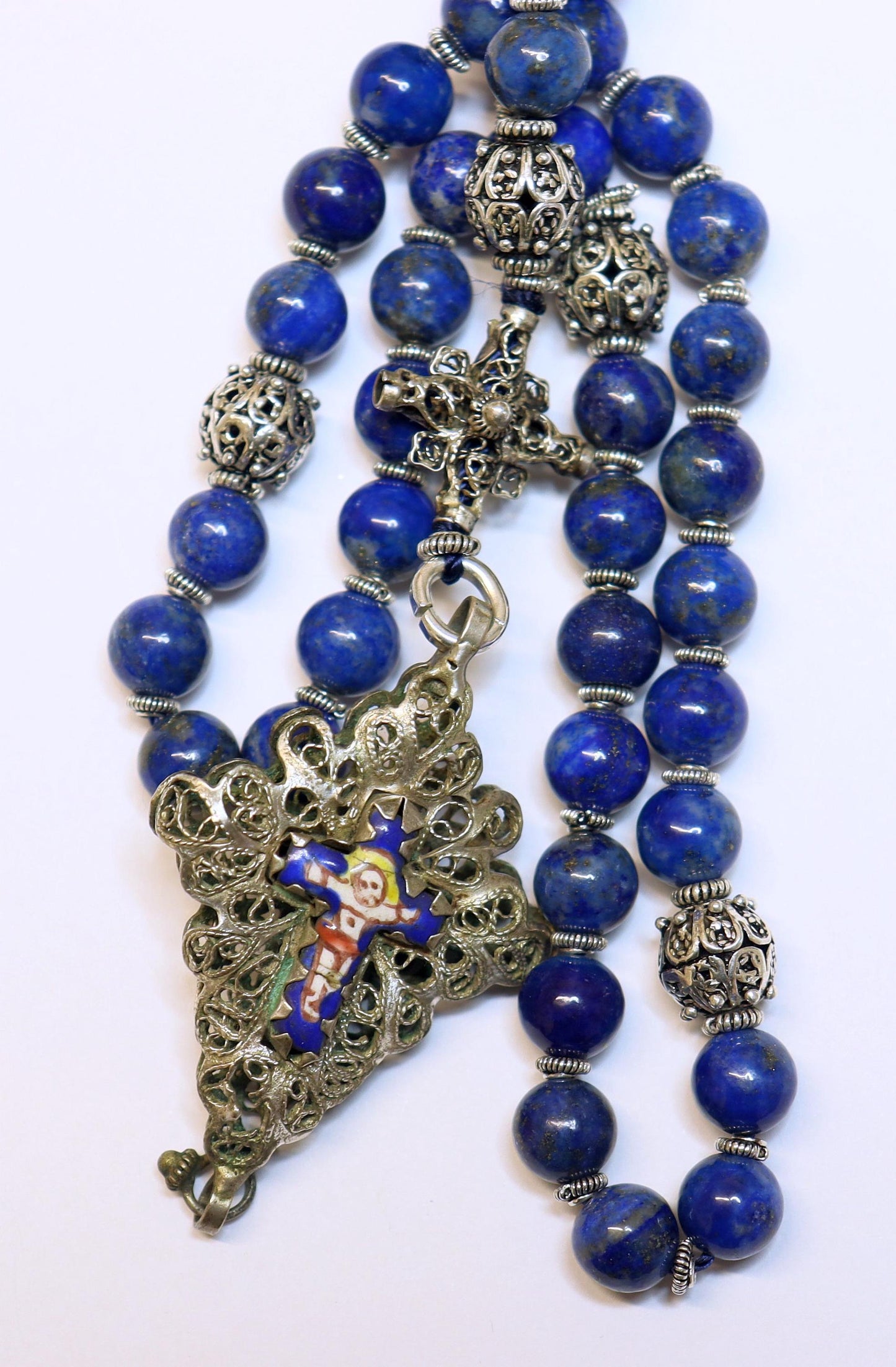 Filigree Catholic Rosary, Vintage Bavarian Biedermeier Lapis, German Style Rosary, Credo and Reliquary Porcelain Inlay Crosses, Prayer Gift