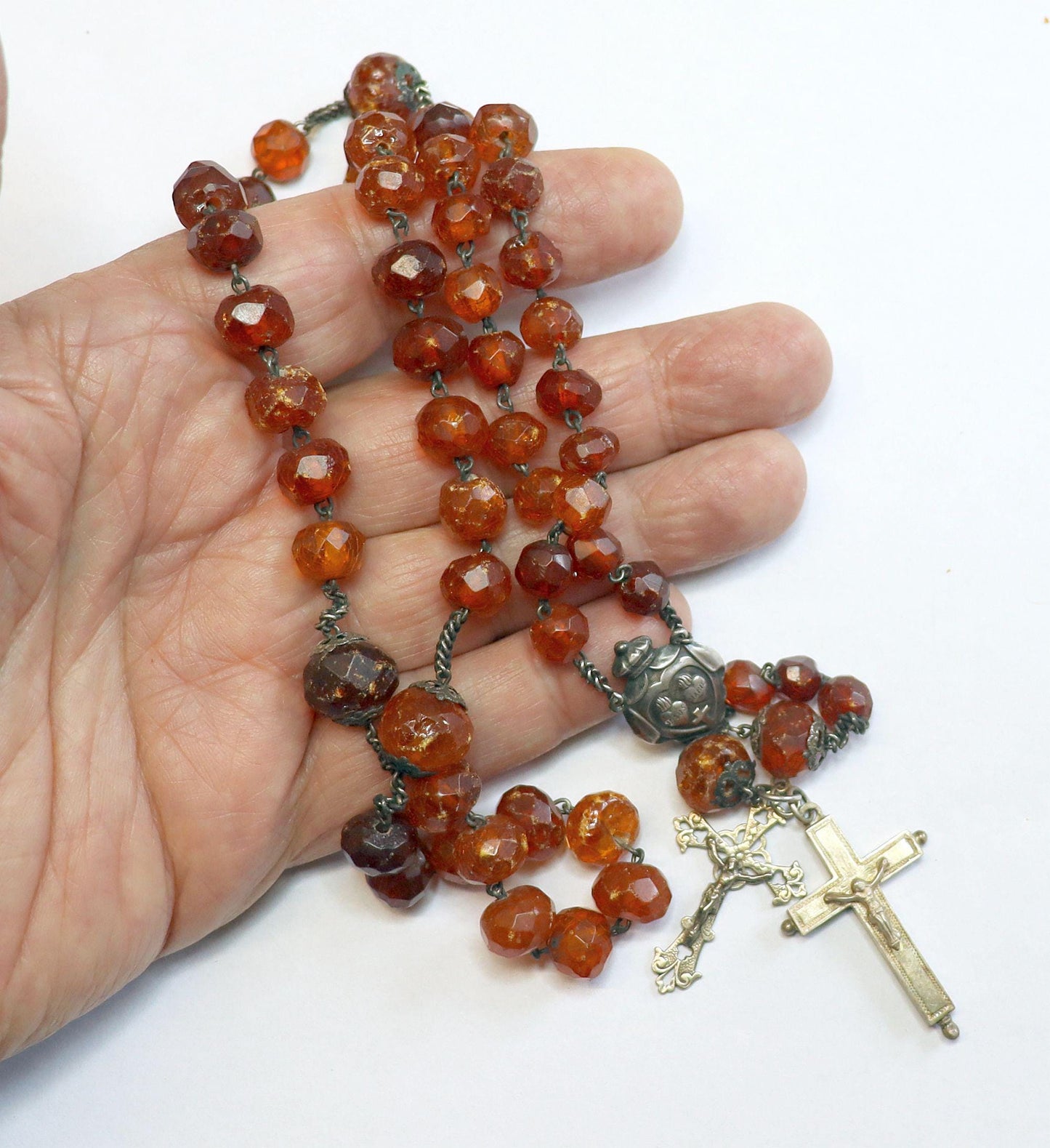Early 20th Cent. Genuine Hand Faceted Baltic Amber & Sterling Silver Catholic Rosary w reliquary Cross - Rare