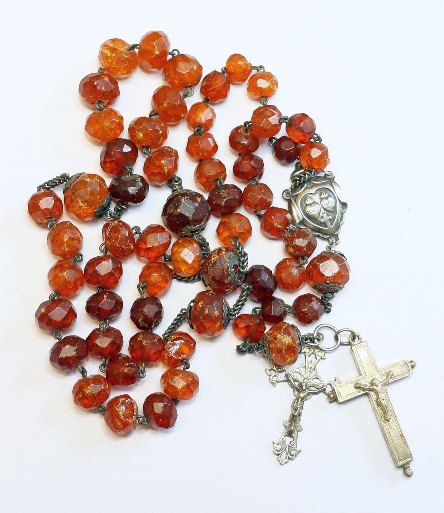 Early 20th Cent. Genuine Hand Faceted Baltic Amber & Sterling Silver Catholic Rosary w reliquary Cross - Rare