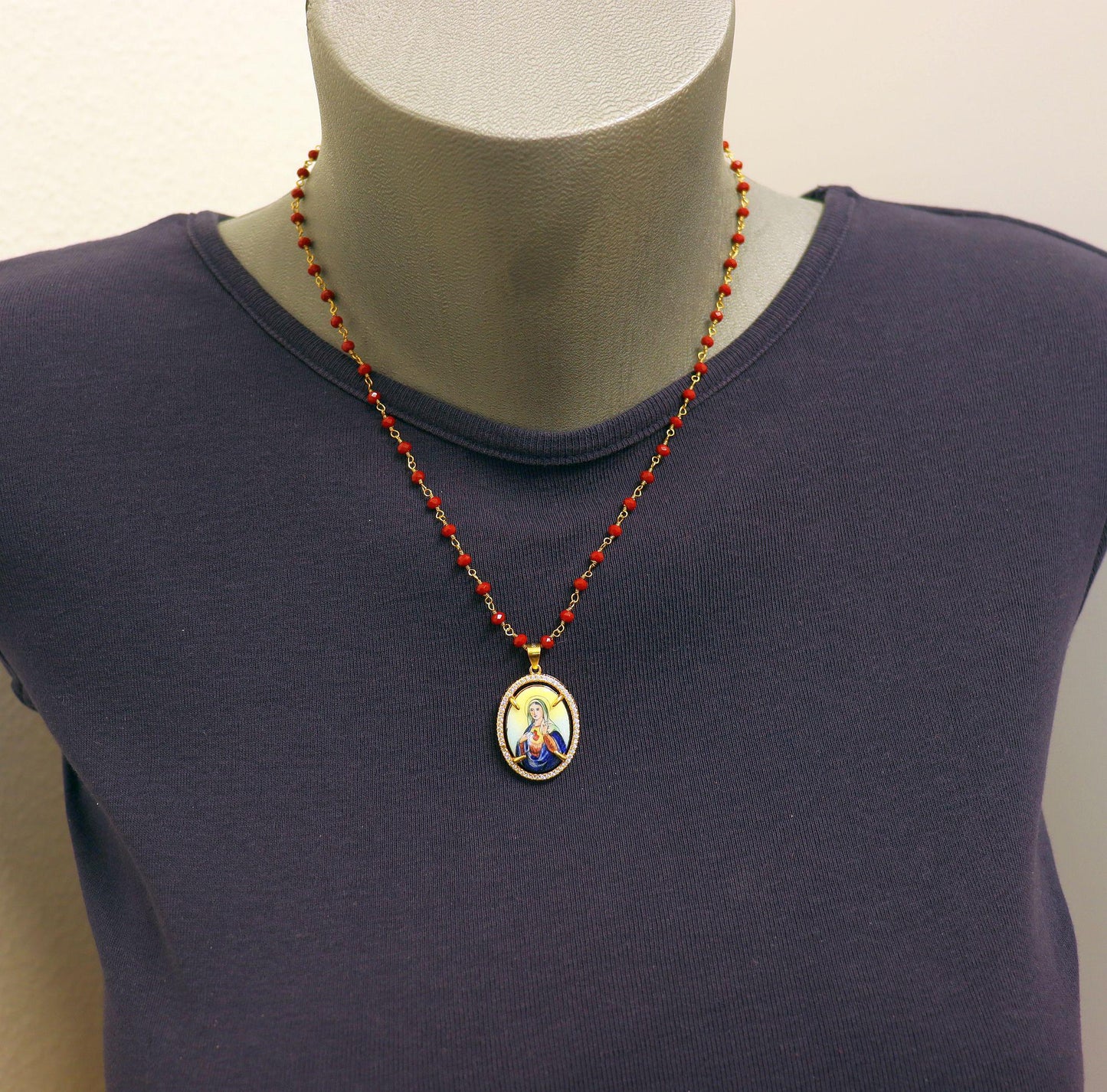 Hand Painted Miniature Vintage Enamel Medal of Sacred Heart of Mary in Vermeil Zircon Frame w Faceted Carnelian Rosary Sterling Chain XXR