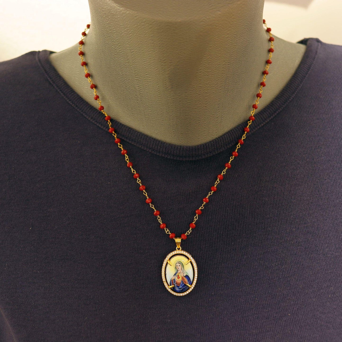 Hand Painted Miniature Vintage Enamel Medal of Sacred Heart of Mary in Vermeil Zircon Frame w Faceted Carnelian Rosary Sterling Chain XXR