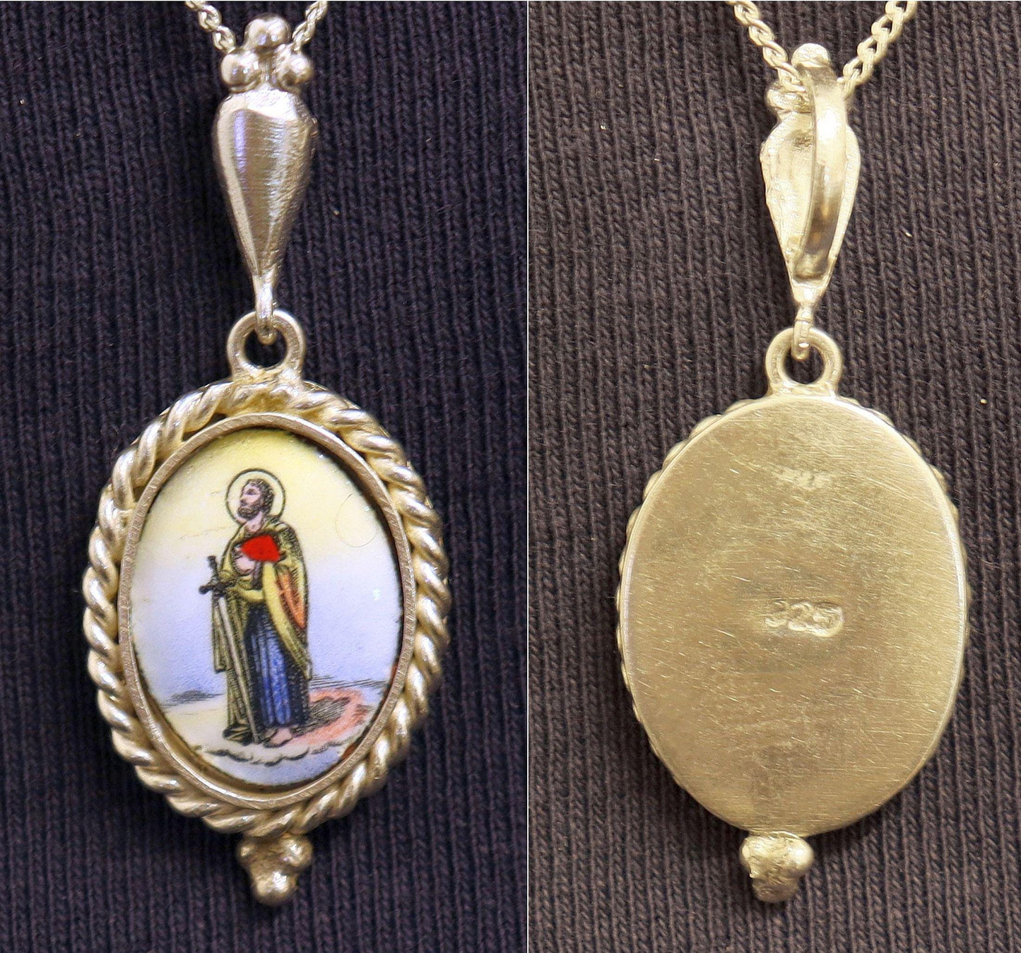 Vintage Enameled Medal Hand Painted Miniature of St. Paul in Hand made Sterling Silver Frame w Sterling Silver Chain- V.Rare
