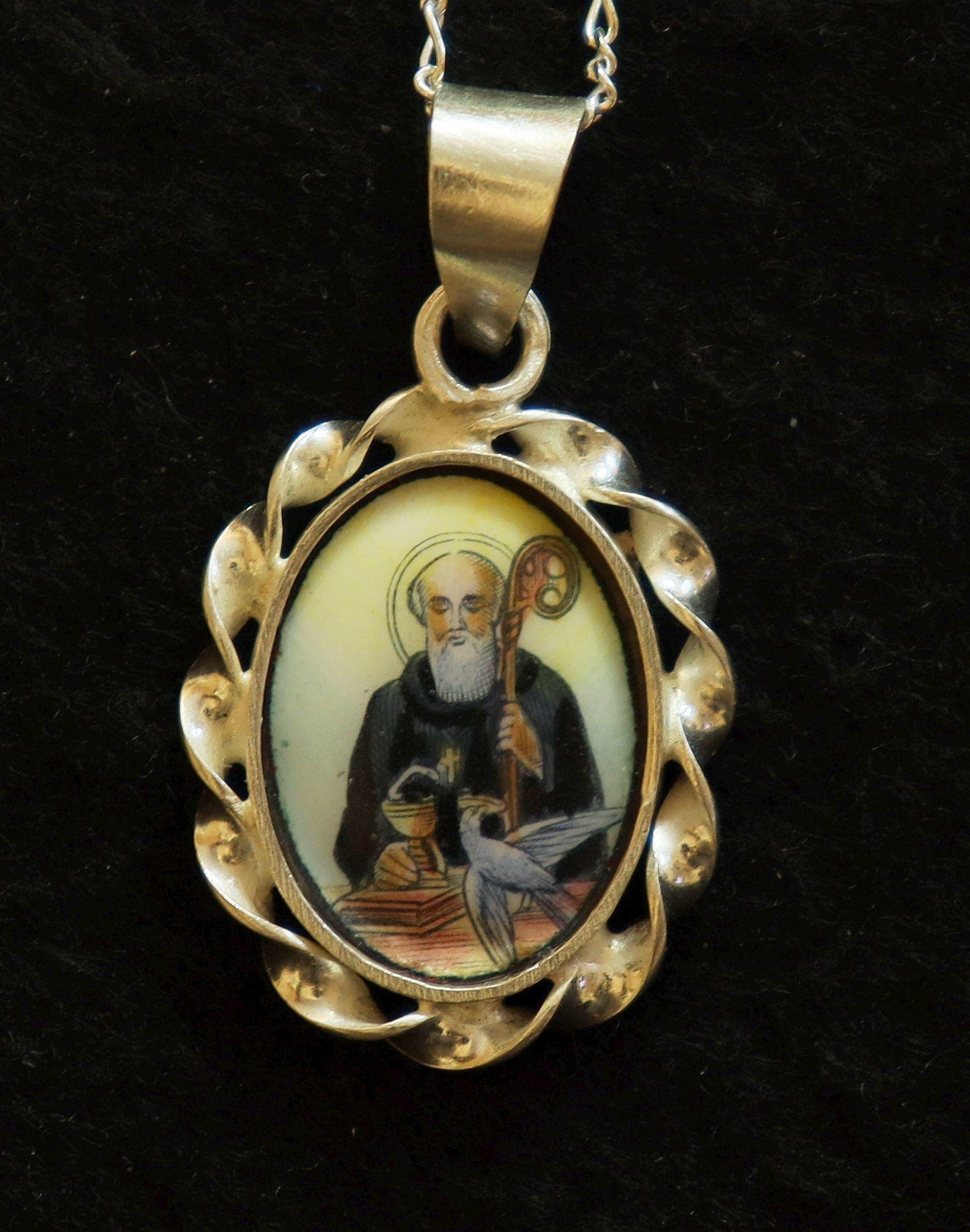 Hand Painted Miniature of St Benedict, Vintage Enameled Medal in Hand made Sterling Silver Frame w Sterling Silver Chain- V.Rare