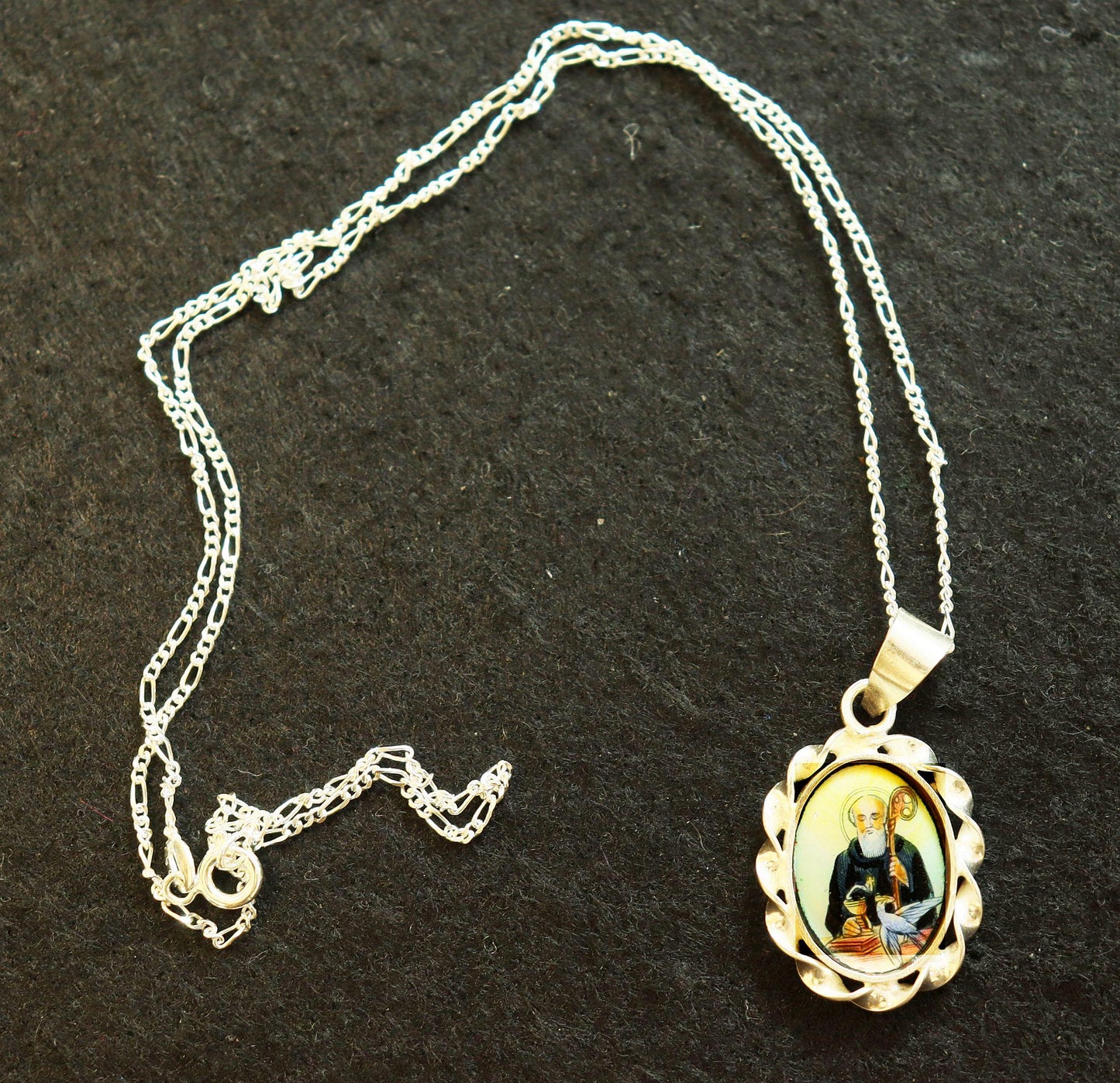Hand Painted Miniature of St Benedict, Vintage Enameled Medal in Hand made Sterling Silver Frame w Sterling Silver Chain- V.Rare