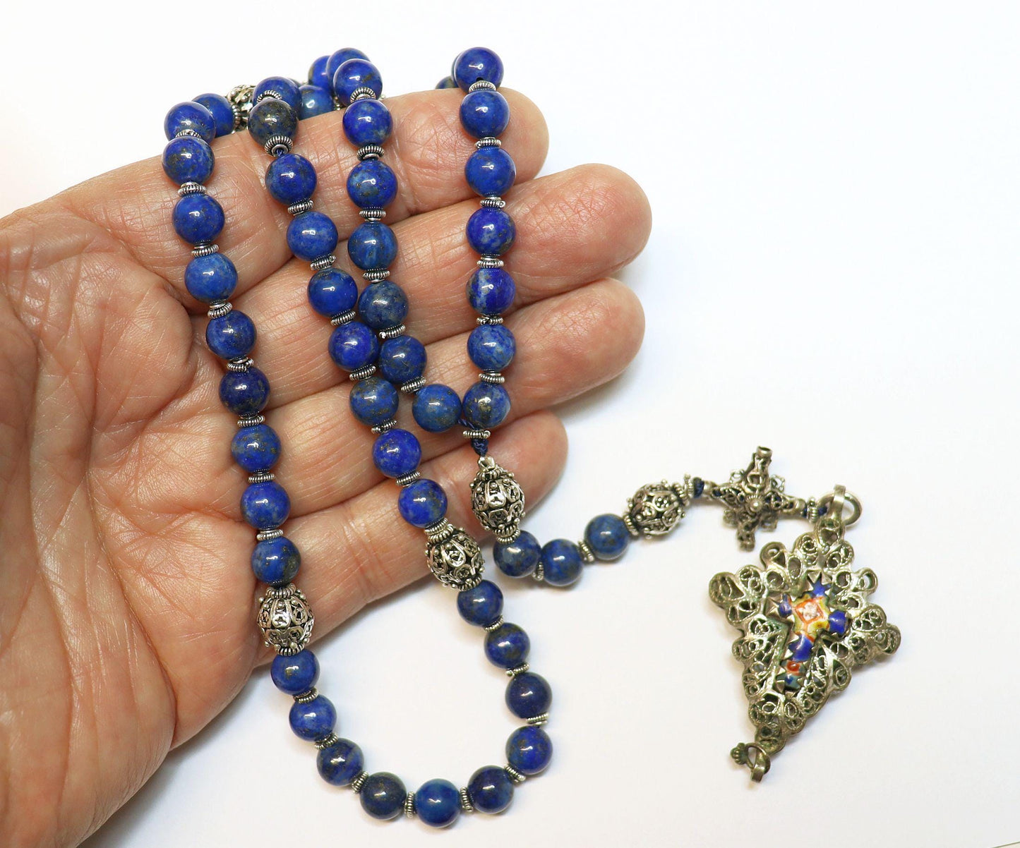 Filigree Catholic Rosary, Vintage Bavarian Biedermeier Lapis, German Style Rosary, Credo and Reliquary Porcelain Inlay Crosses, Prayer Gift