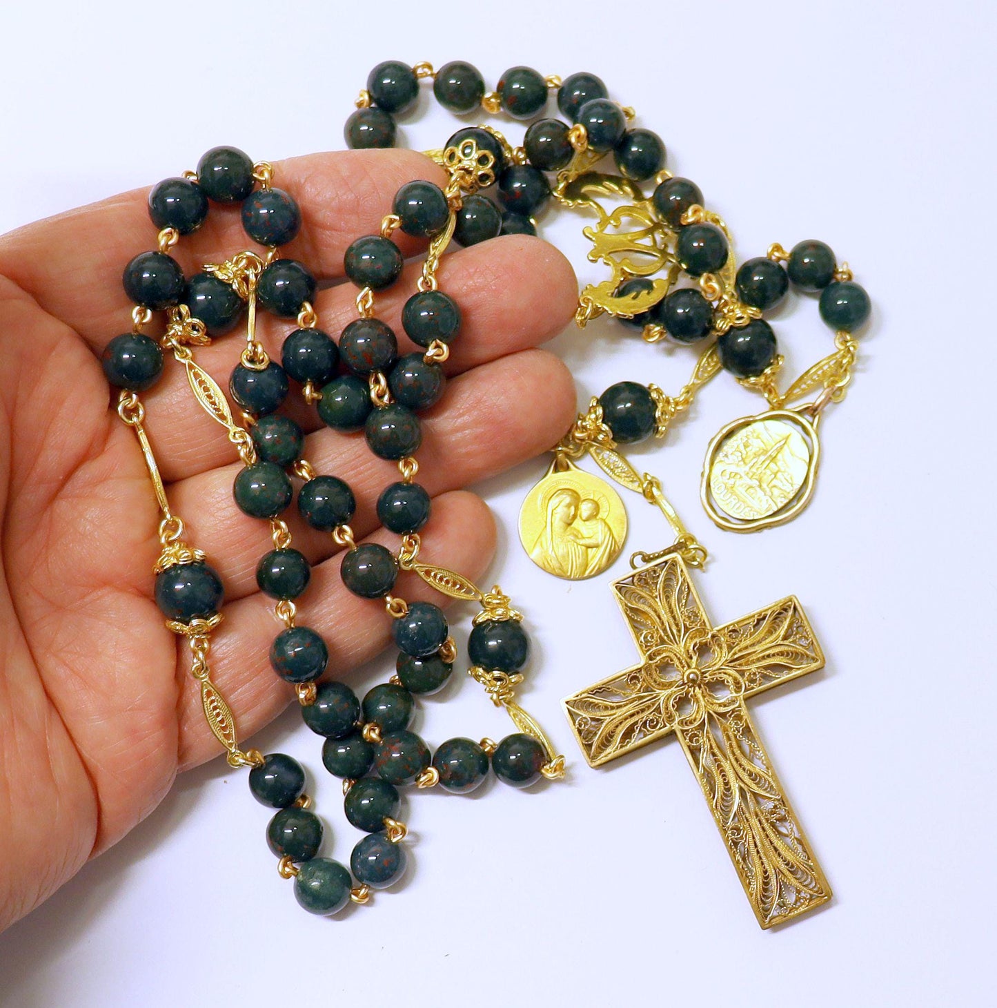 1922 BloodStone & Vermeil Catholic Rosary w 2 Rare Fix Gold Rolled Medals and Vermeil Filigree Cross - Unique