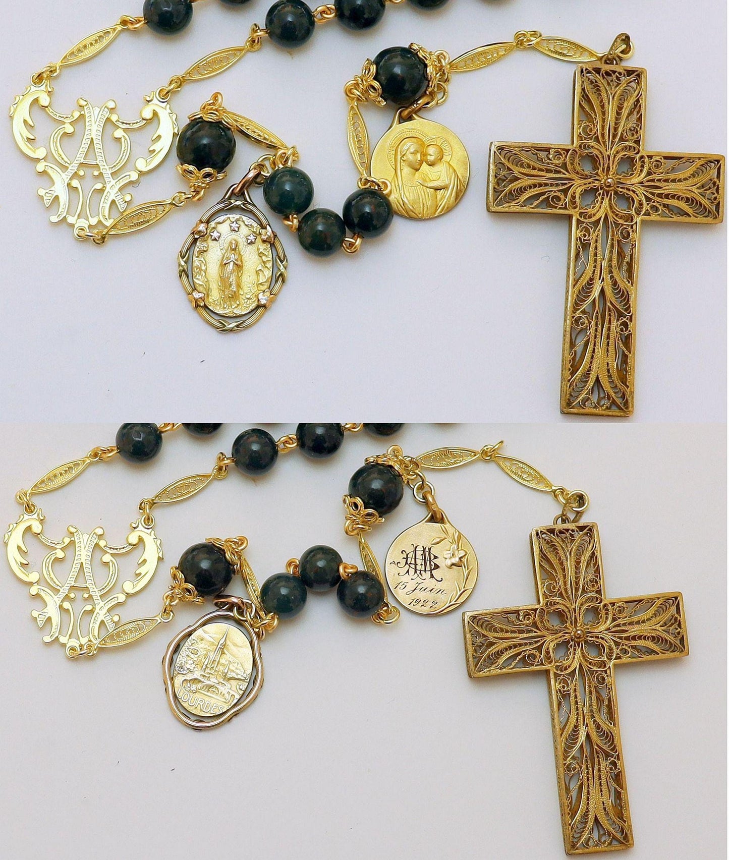 1922 BloodStone & Vermeil Catholic Rosary w 2 Rare Fix Gold Rolled Medals and Vermeil Filigree Cross - Unique