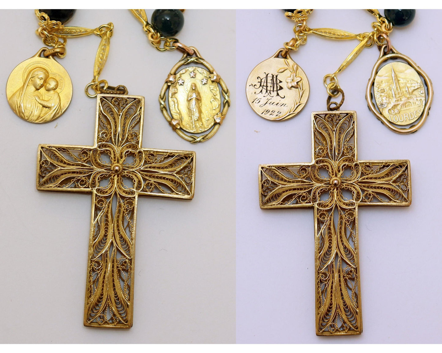 1922 BloodStone & Vermeil Catholic Rosary w 2 Rare Fix Gold Rolled Medals and Vermeil Filigree Cross - Unique