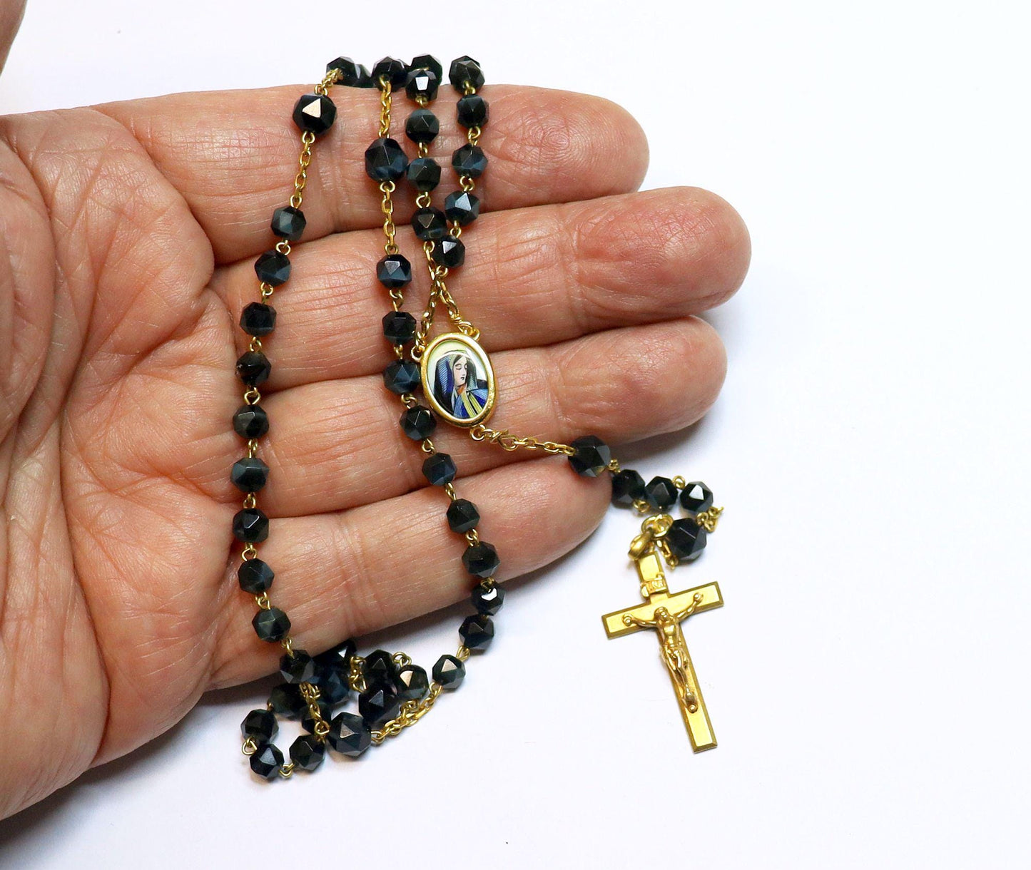 1930's Rare 18K. Solid Gold and Onyx Rosary w Mater Dolorosa Enamel Miniature in Sterling Filigree box - Very Rare