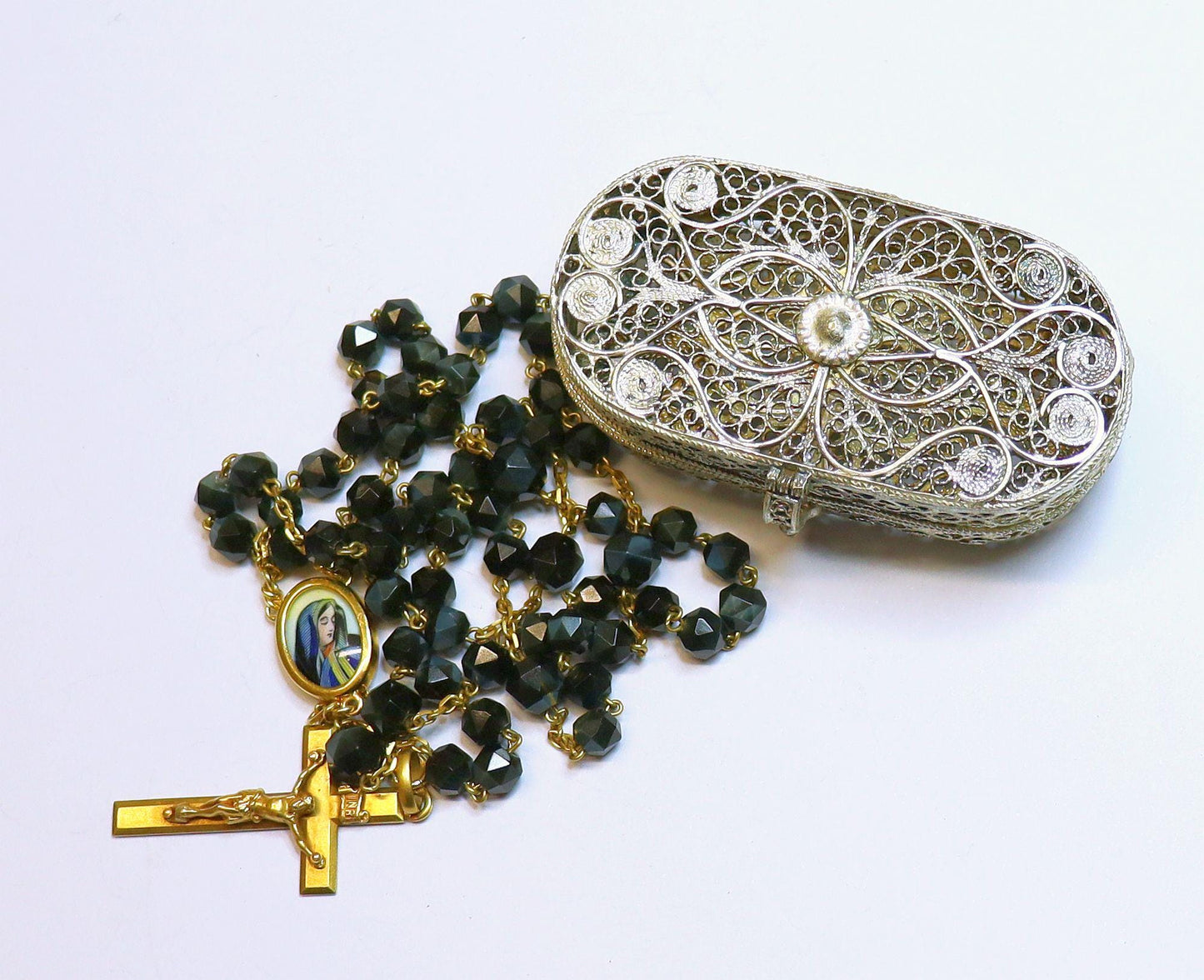 1930's Rare 18K. Solid Gold and Onyx Rosary w Mater Dolorosa Enamel Miniature in Sterling Filigree box - Very Rare