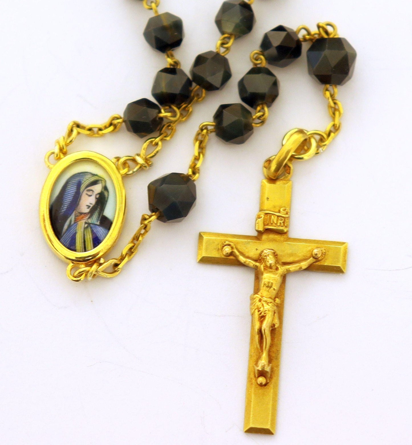1930's Rare 18K. Solid Gold and Onyx Rosary w Mater Dolorosa Enamel Miniature in Sterling Filigree box - Very Rare