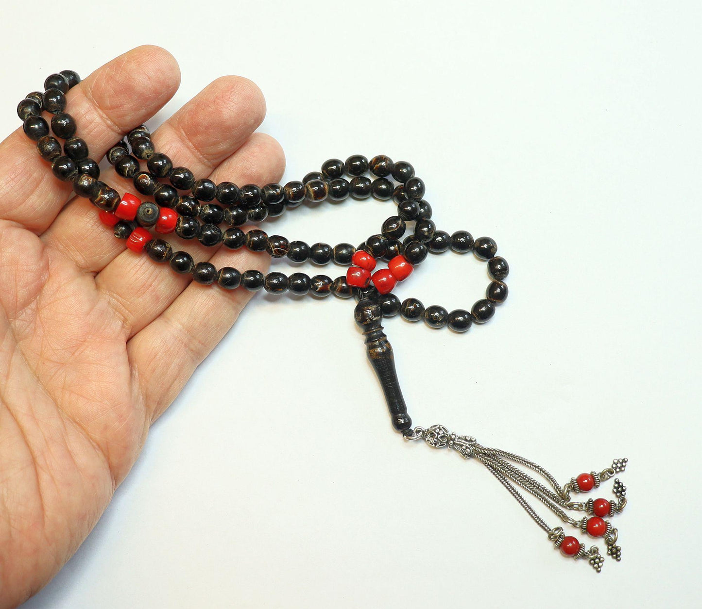 Islamic Prayer Beads Tesbih Vintage Yusr ( Black Coral) + Red Coral and Sterling Silver - Rare Collector's