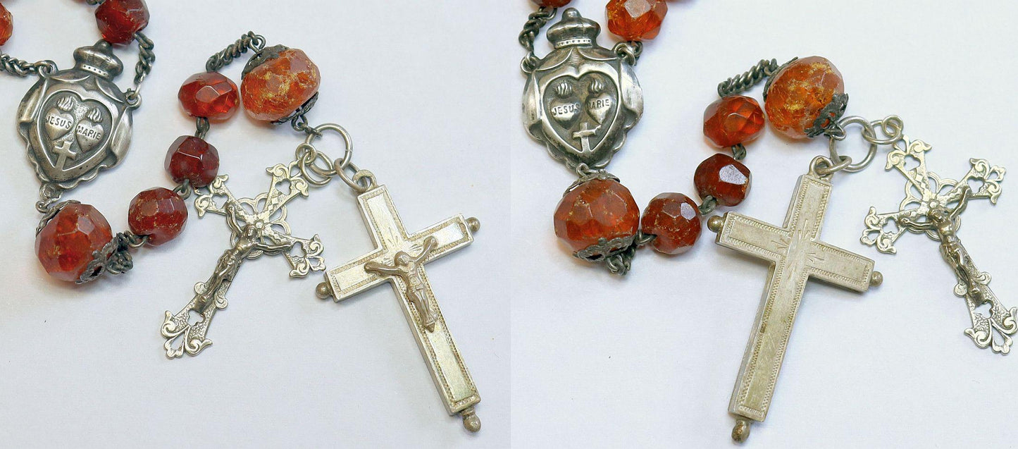 Early 20th Cent. Genuine Hand Faceted Baltic Amber & Sterling Silver Catholic Rosary w reliquary Cross - Rare