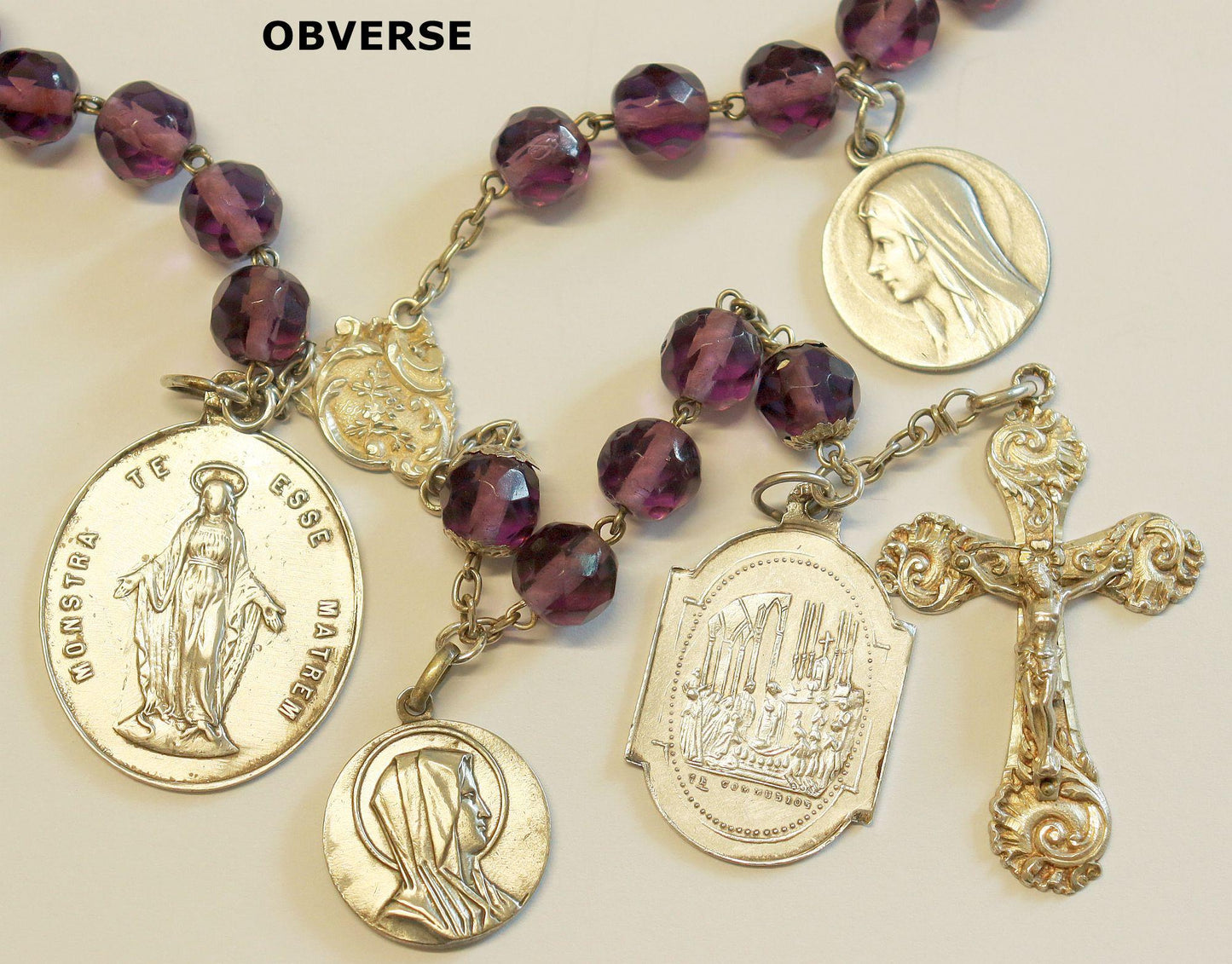 Dd 1890 Amethyst & Sterling Silver Awesome Catholic Rosary w Many Medals – French - Rare