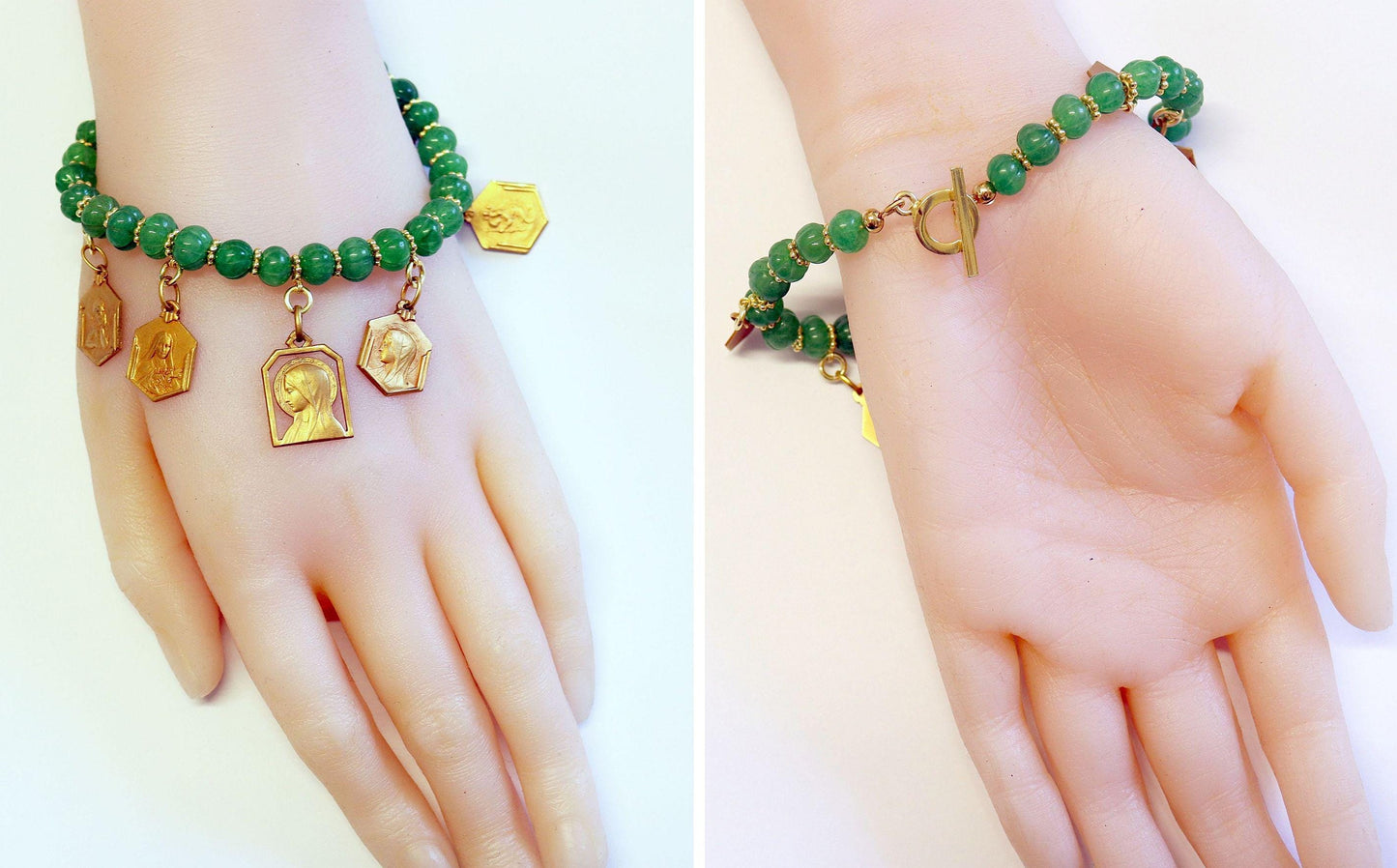 Emerald Charm Bracelet w 7 Vintage French Gold Rolled Religious Medals