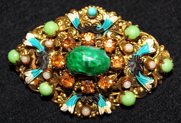 Unique Vintage Art Deco Brooch Pin & Bracelets with Rare Variscite