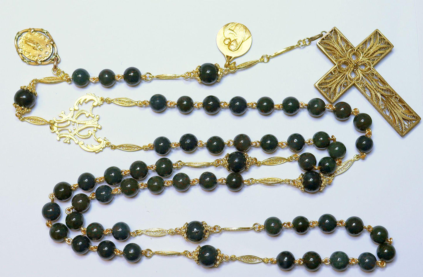 1922 BloodStone & Vermeil Catholic Rosary w 2 Rare Fix Gold Rolled Medals and Vermeil Filigree Cross - Unique
