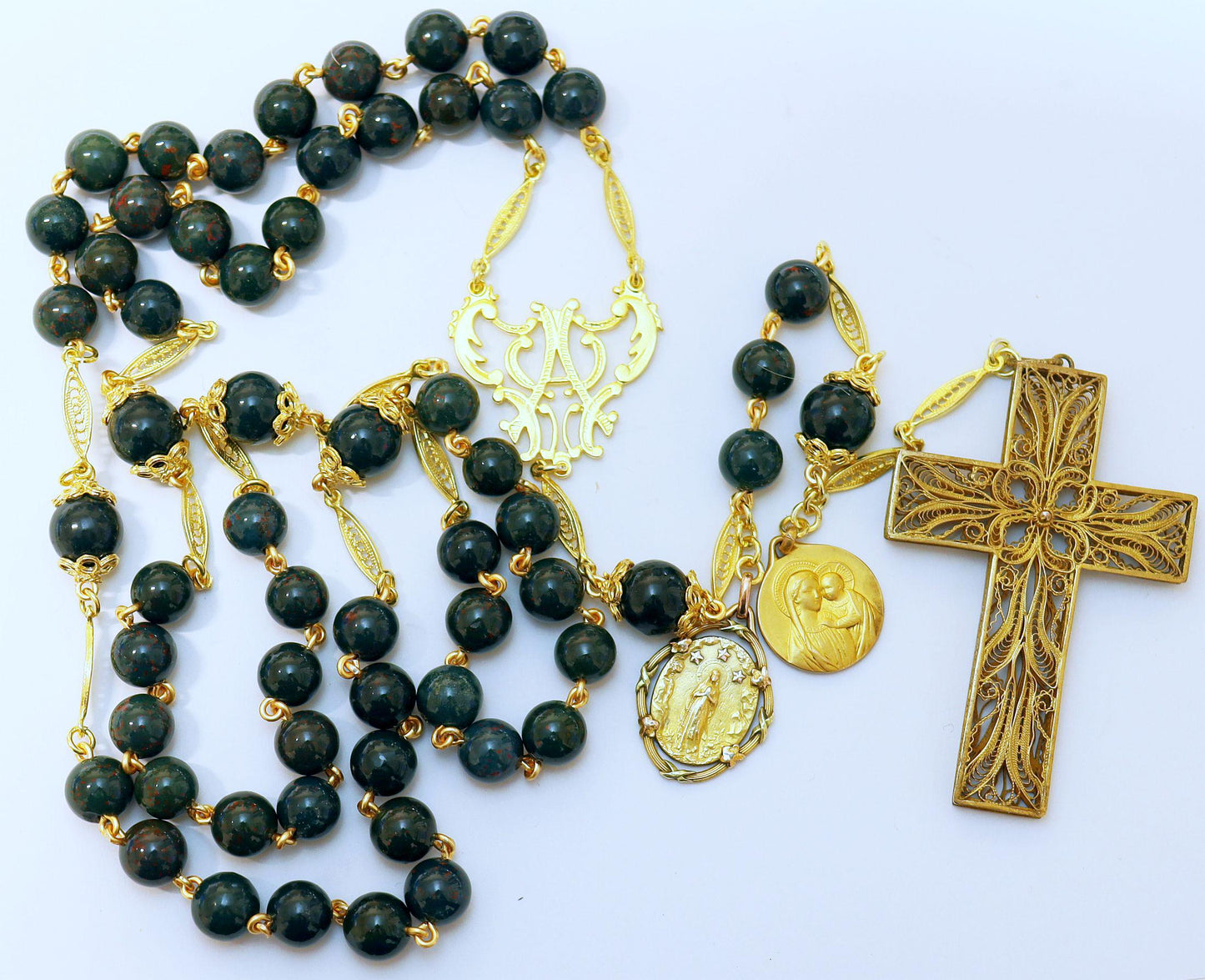 1922 BloodStone & Vermeil Catholic Rosary w 2 Rare Fix Gold Rolled Medals and Vermeil Filigree Cross - Unique