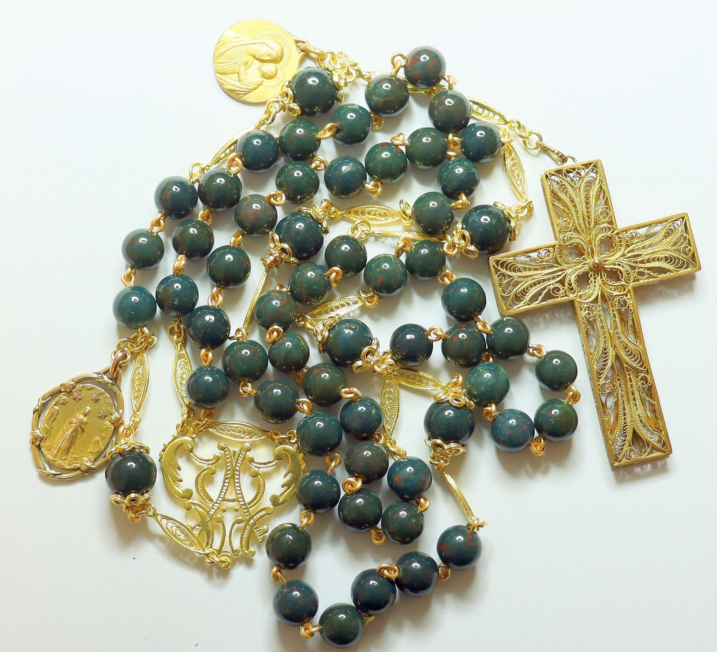1922 BloodStone & Vermeil Catholic Rosary w 2 Rare Fix Gold Rolled Medals and Vermeil Filigree Cross - Unique