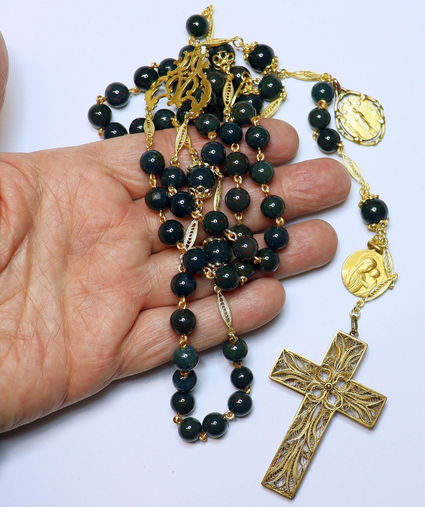 1922 BloodStone & Vermeil Catholic Rosary w 2 Rare Fix Gold Rolled Medals and Vermeil Filigree Cross - Unique