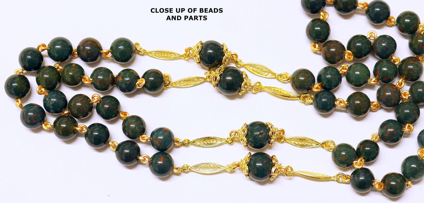 1922 BloodStone & Vermeil Catholic Rosary w 2 Rare Fix Gold Rolled Medals and Vermeil Filigree Cross - Unique