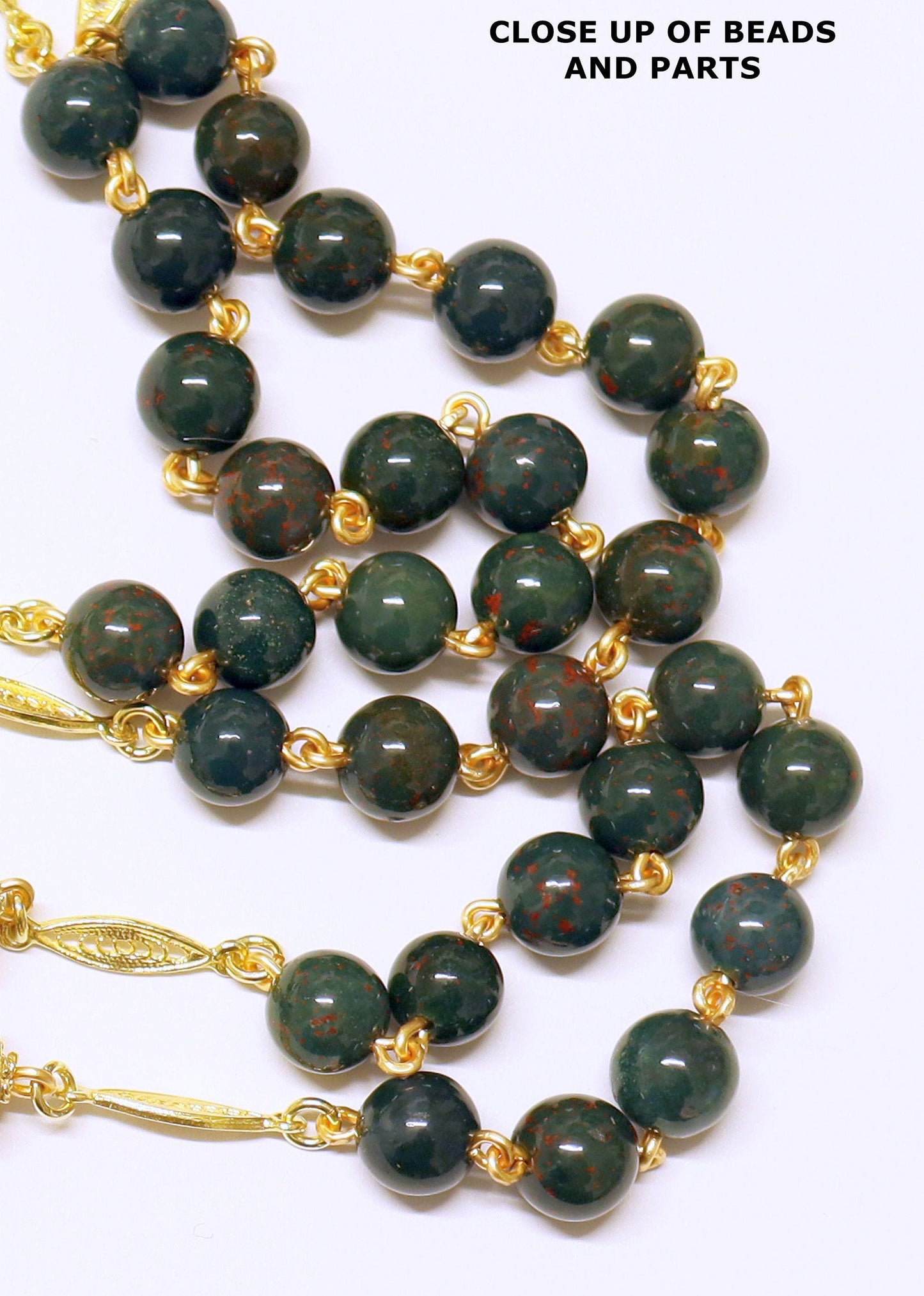 1922 BloodStone & Vermeil Catholic Rosary w 2 Rare Fix Gold Rolled Medals and Vermeil Filigree Cross - Unique