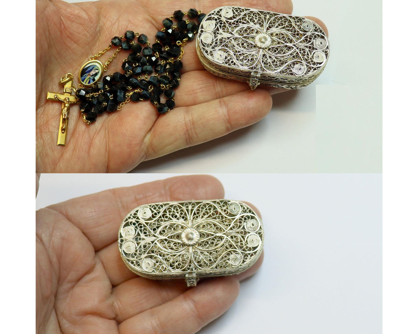 1930's Rare 18K. Solid Gold and Onyx Rosary w Mater Dolorosa Enamel Miniature in Sterling Filigree box - Very Rare