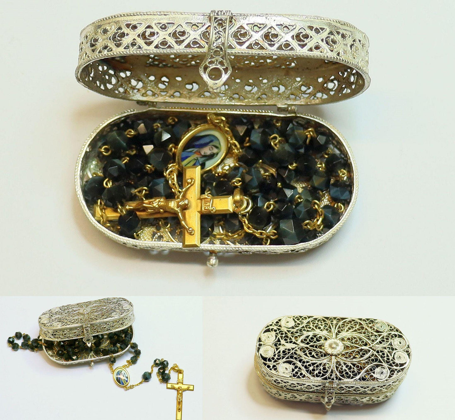 1930's Rare 18K. Solid Gold and Onyx Rosary w Mater Dolorosa Enamel Miniature in Sterling Filigree box - Very Rare