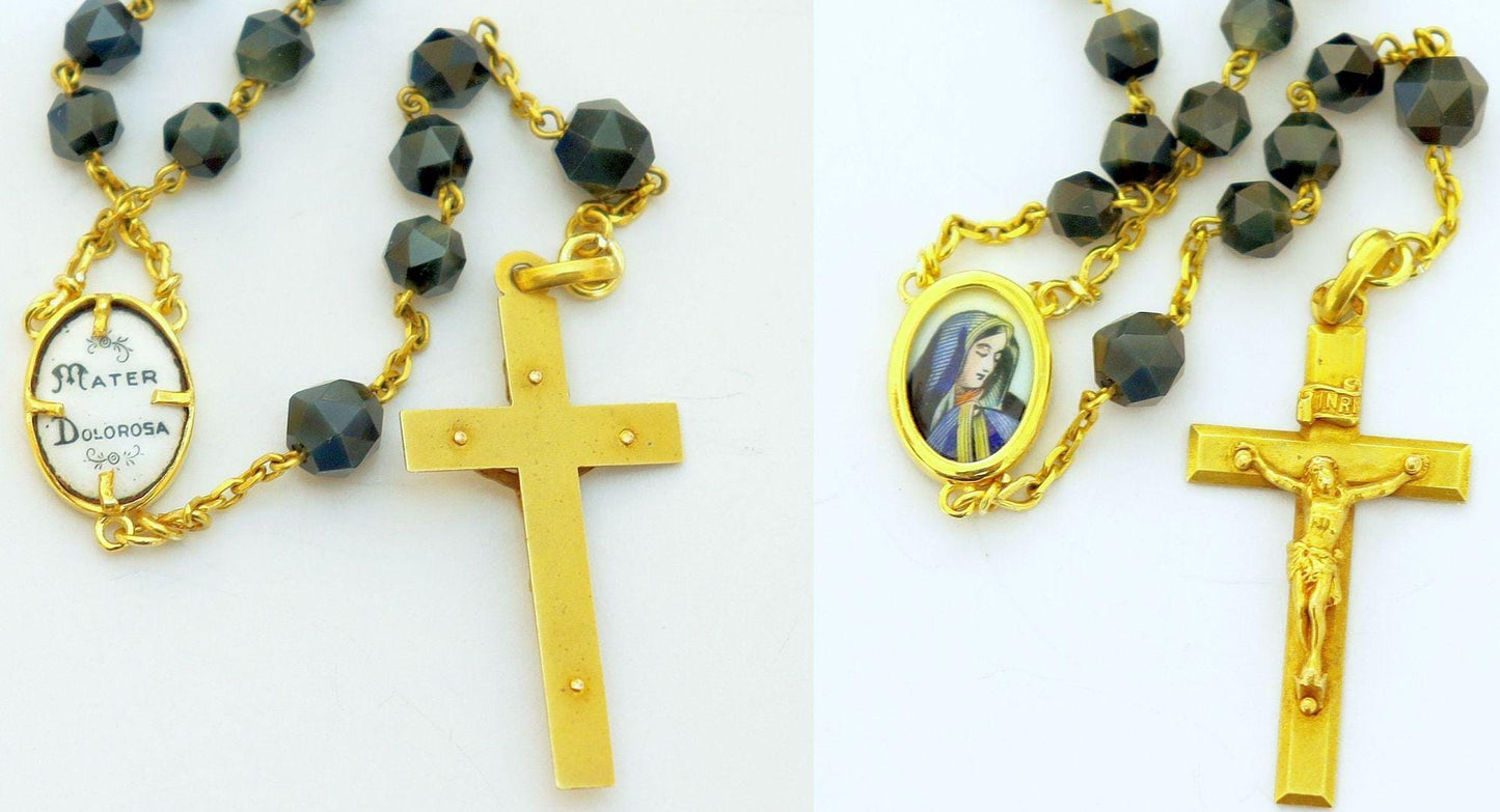 1930's Rare 18K. Solid Gold and Onyx Rosary w Mater Dolorosa Enamel Miniature in Sterling Filigree box - Very Rare