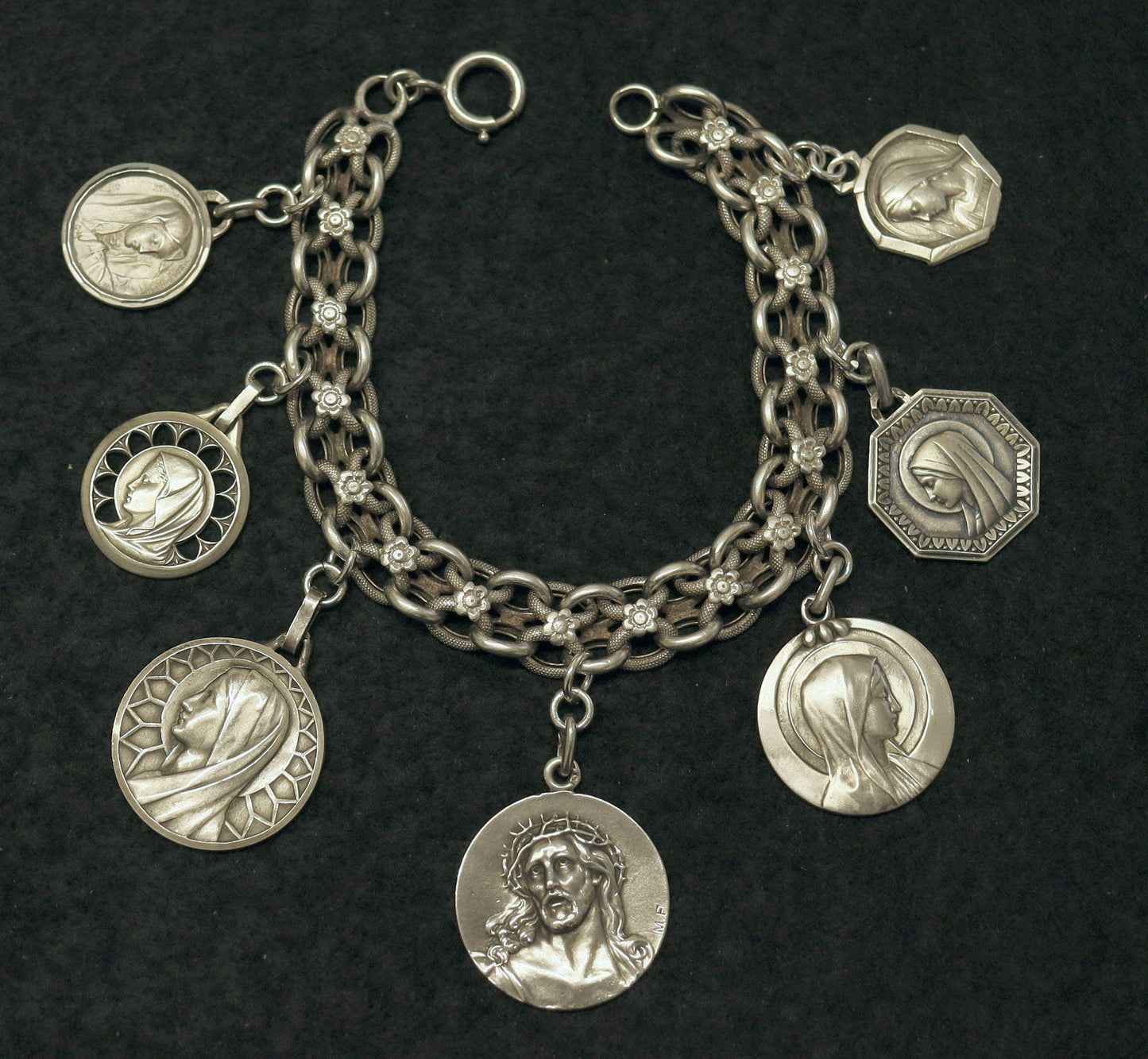 Vintage, Heavy, All Sterling Charm Art Nouveau Bracelet w 7 Rare Large Pristine Religious Medals - 1915